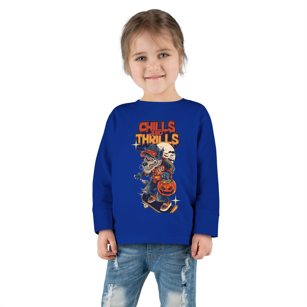 Toddler Long Sleeve Tee with Chills & Thrills Halloween Skater Design, Kids Fall Apparel, Halloween Outfit, Toddler Skate Tee, Fun [...]