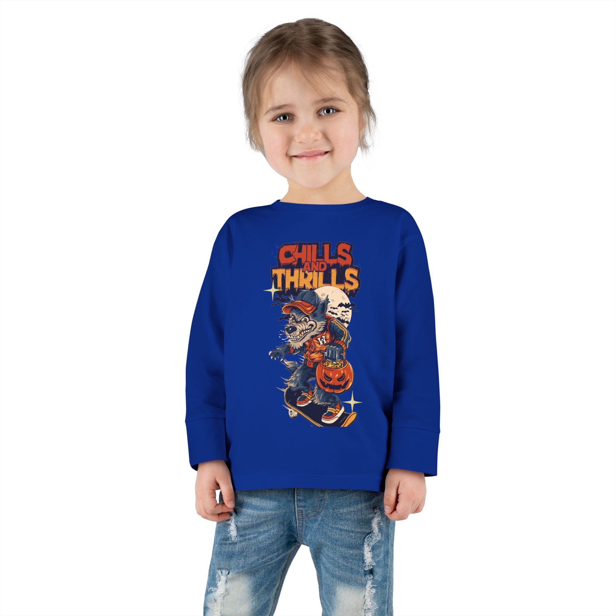 Toddler Long Sleeve Tee with Chills & Thrills Halloween Skater Design, Kids Fall Apparel, Halloween Outfit, Toddler Skate Tee, Fun [...]