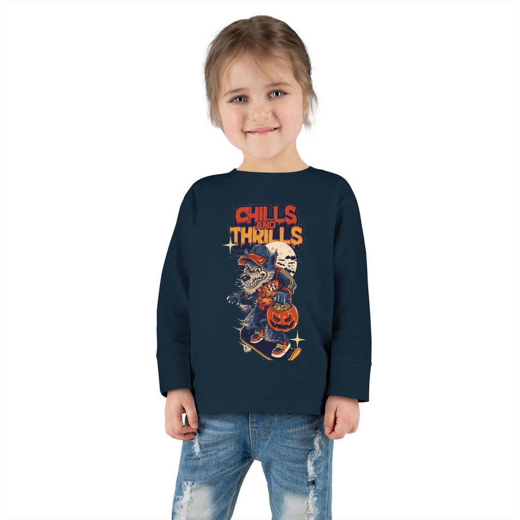 Toddler Long Sleeve Tee with Chills & Thrills Halloween Skater Design, Kids Fall Apparel, Halloween Outfit, Toddler Skate Tee, Fun [...]