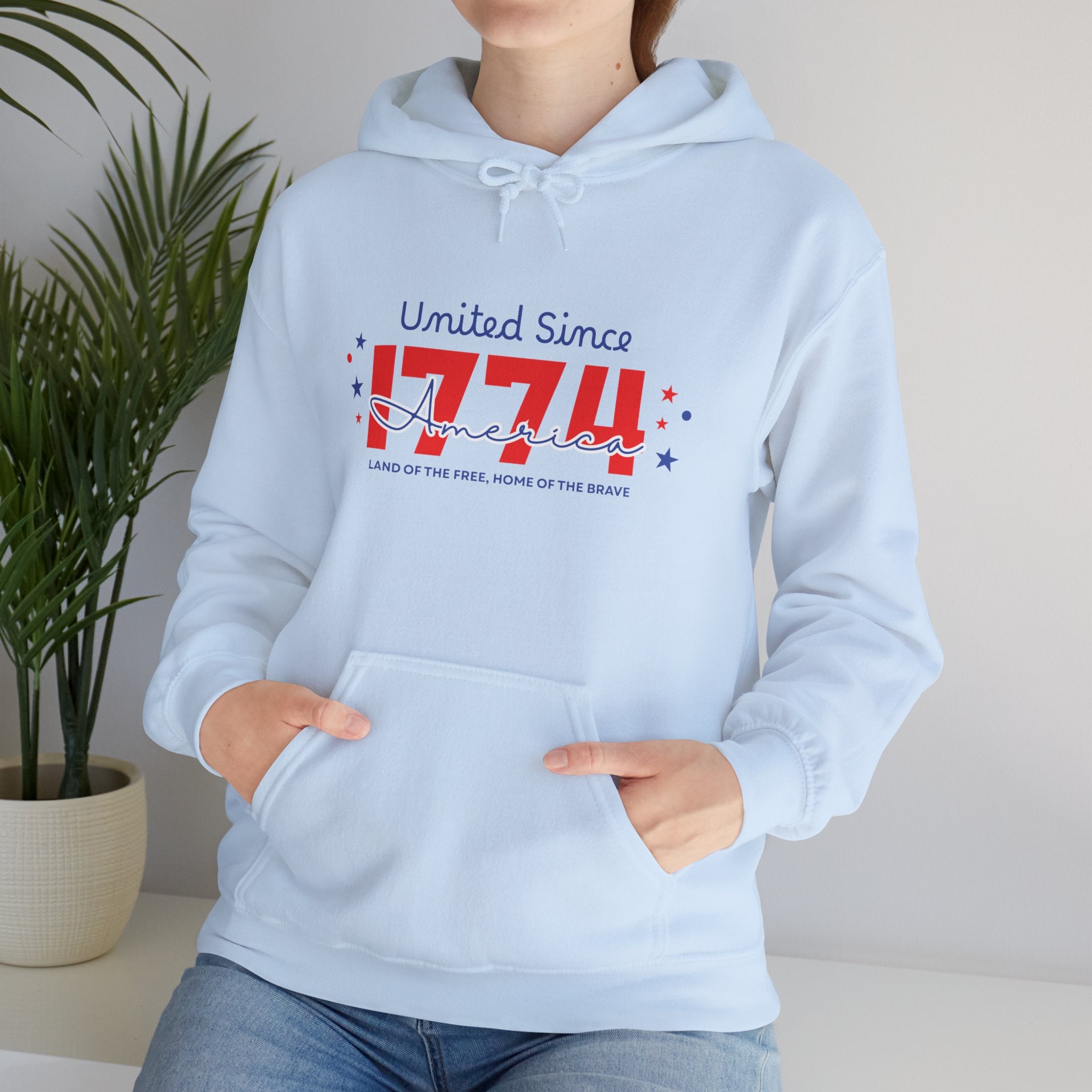 Patriotic Hooded Sweatshirt - United Since 1774, Unisex Pullover, 4th of July Gift, Cozy Fall Apparel, Red White Blue Hoodie