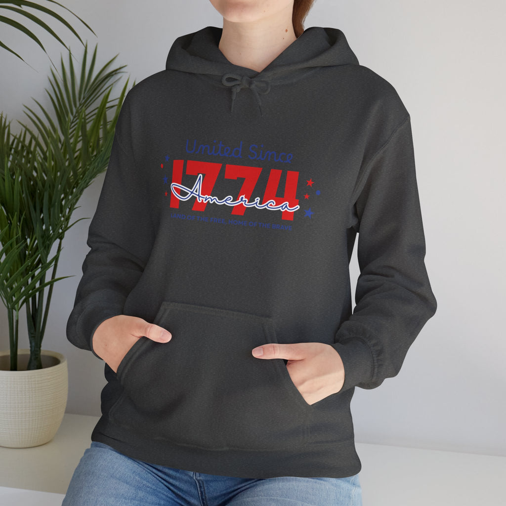 Patriotic Hooded Sweatshirt - United Since 1774, Unisex Pullover, 4th of July Gift, Cozy Fall Apparel, Red White Blue Hoodie