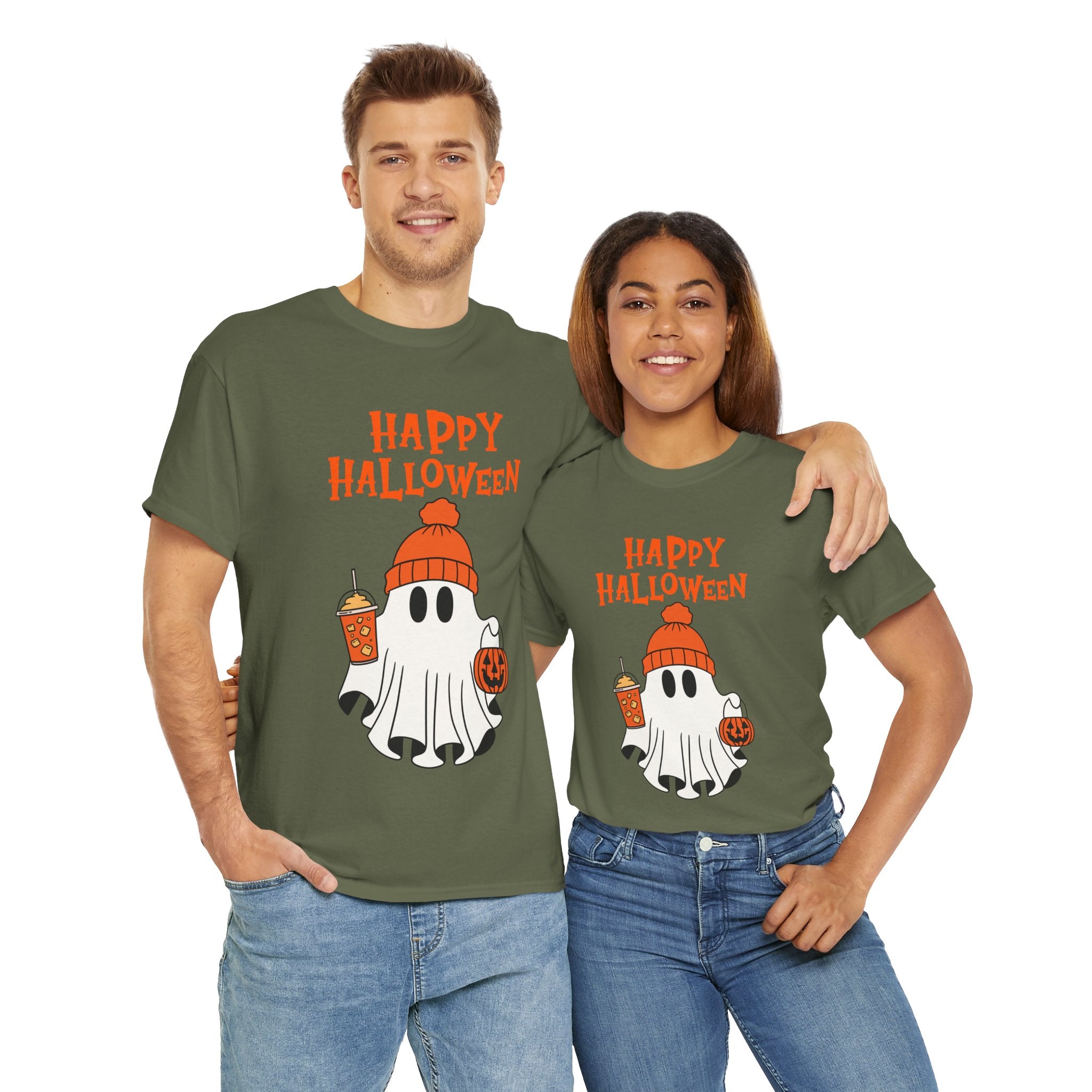 Happy Halloween Ghost Tee, Unisex Cotton T-Shirt, Halloween Apparel, Fall Fashion, Cute Halloween Gift, Ghost Tee