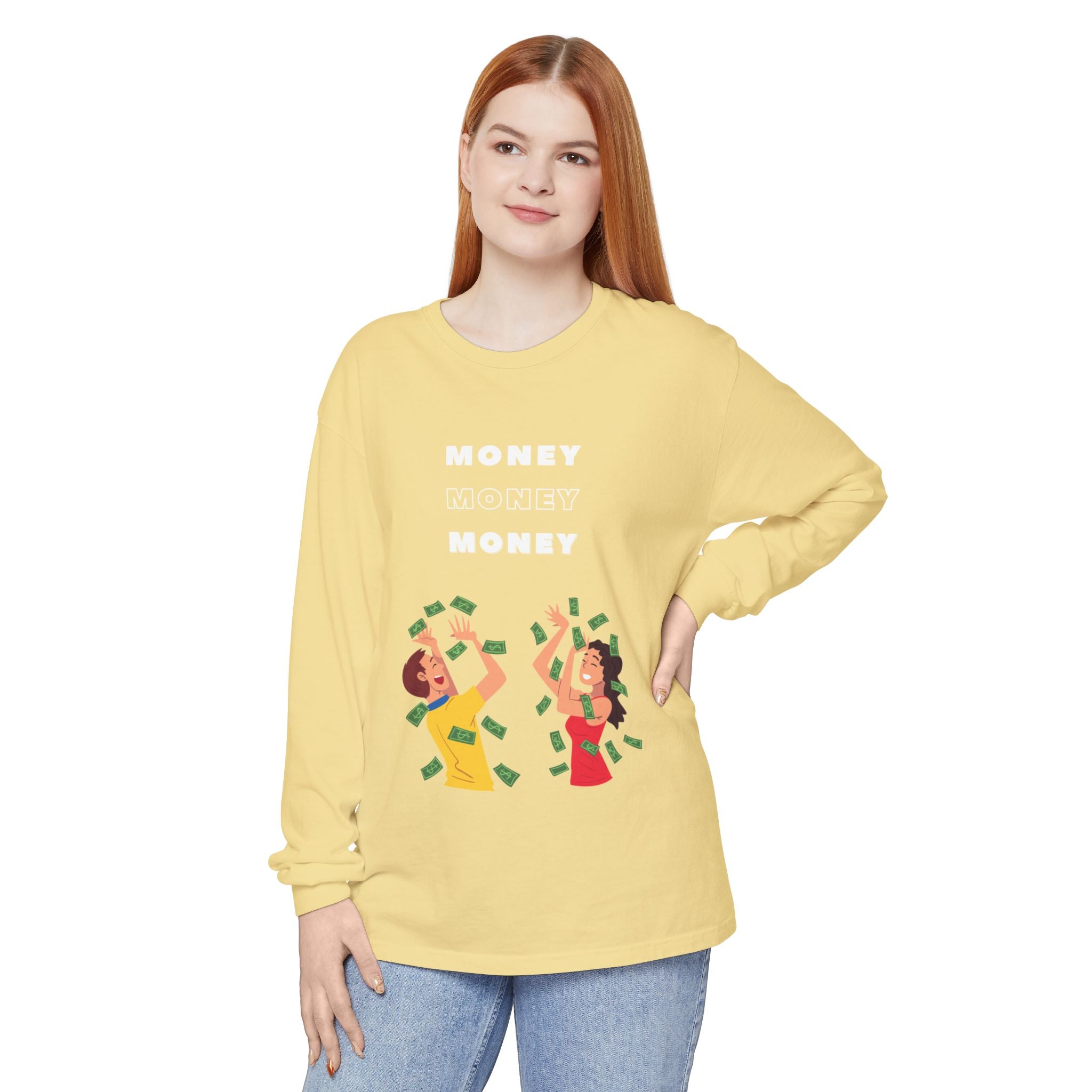 Money-Themed Long Sleeve T-Shirt, Funny Graphic Top, Gift for Finance Lovers, Casual Wear, Party Outfit, Unique Apparel