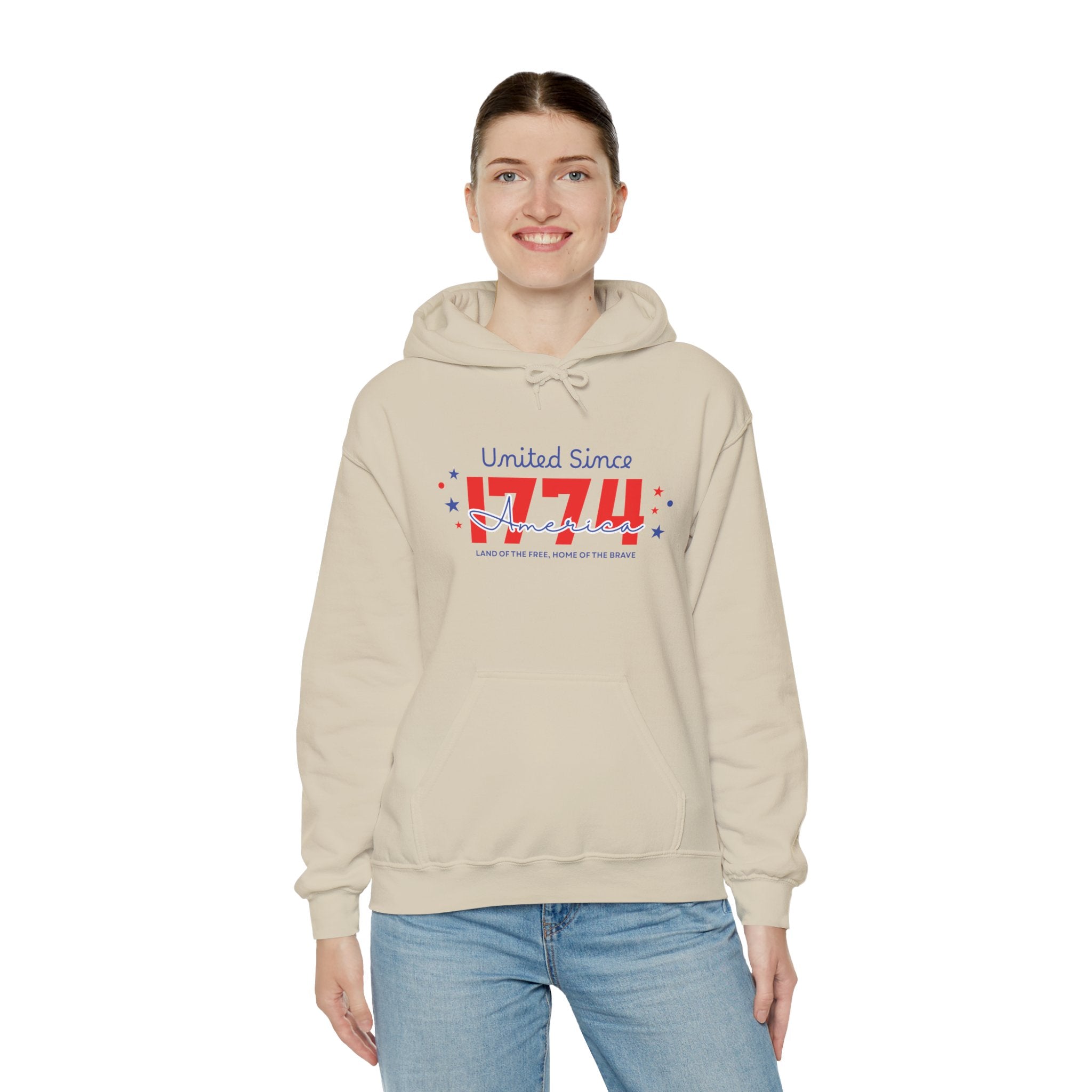 Patriotic Hooded Sweatshirt - United Since 1774, Unisex Pullover, 4th of July Gift, Cozy Fall Apparel, Red White Blue Hoodie
