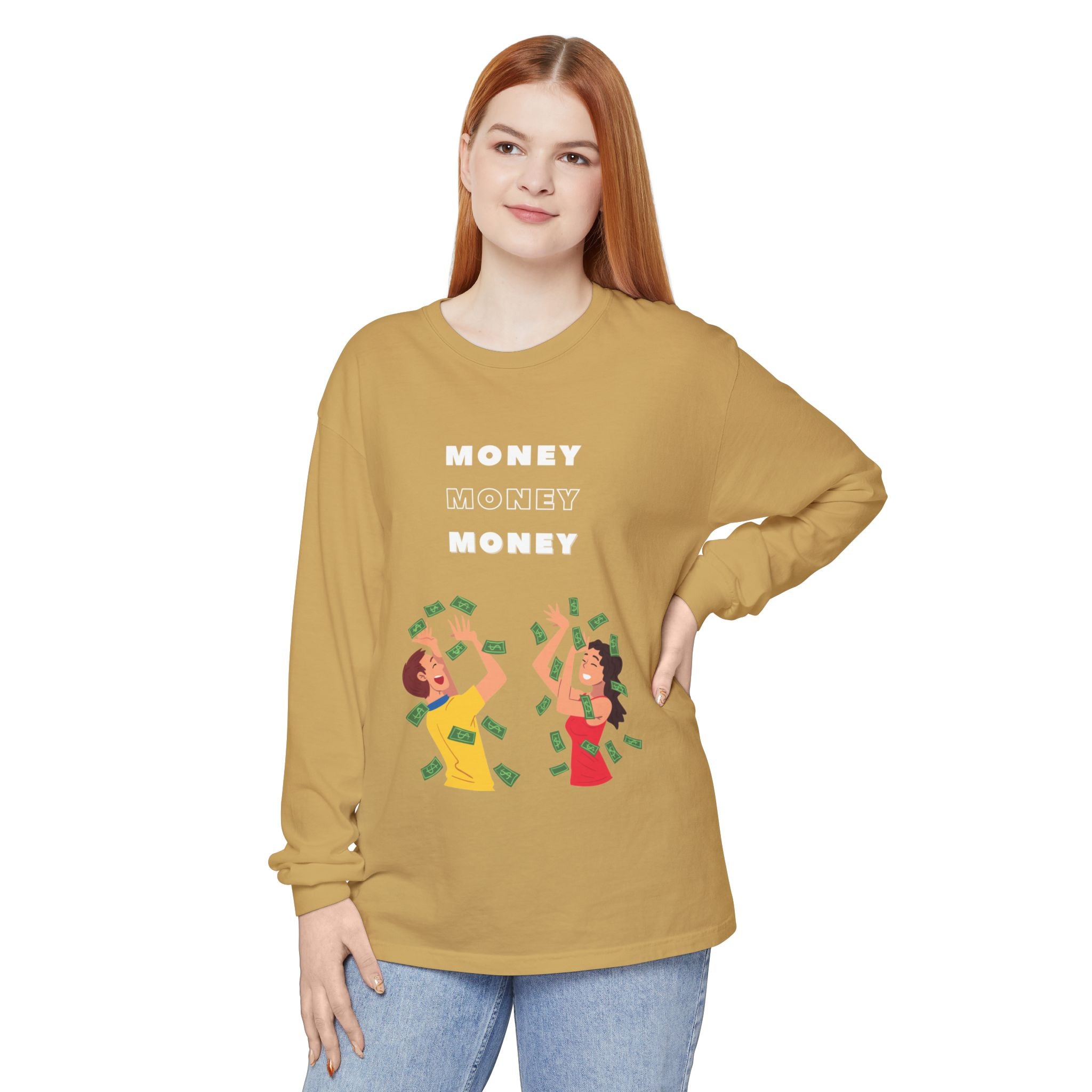 Money-Themed Long Sleeve T-Shirt, Funny Graphic Top, Gift for Finance Lovers, Casual Wear, Party Outfit, Unique Apparel