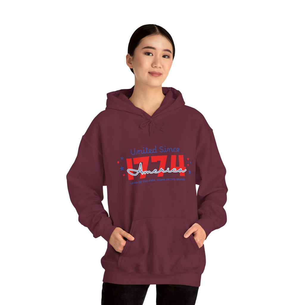 Patriotic Hooded Sweatshirt - United Since 1774, Unisex Pullover, 4th of July Gift, Cozy Fall Apparel, Red White Blue Hoodie