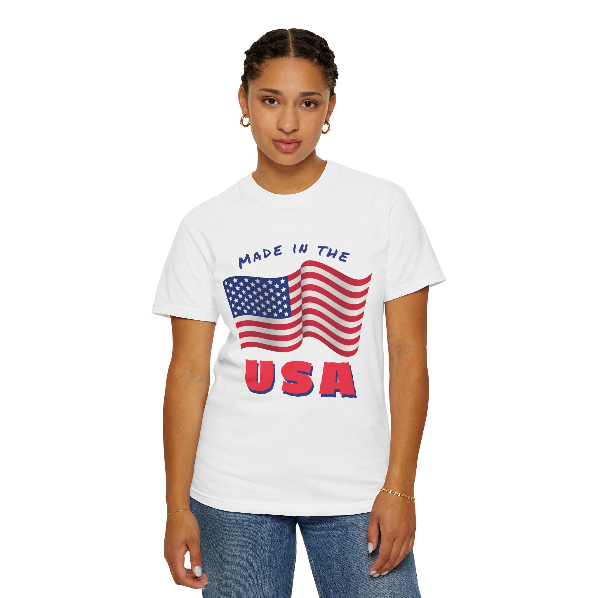 Patriotic T-Shirt for Celebrations, Made in the USA Tee, Unisex Garment-Dyed Shirt, July 4th Apparel, Red White Blue Tee