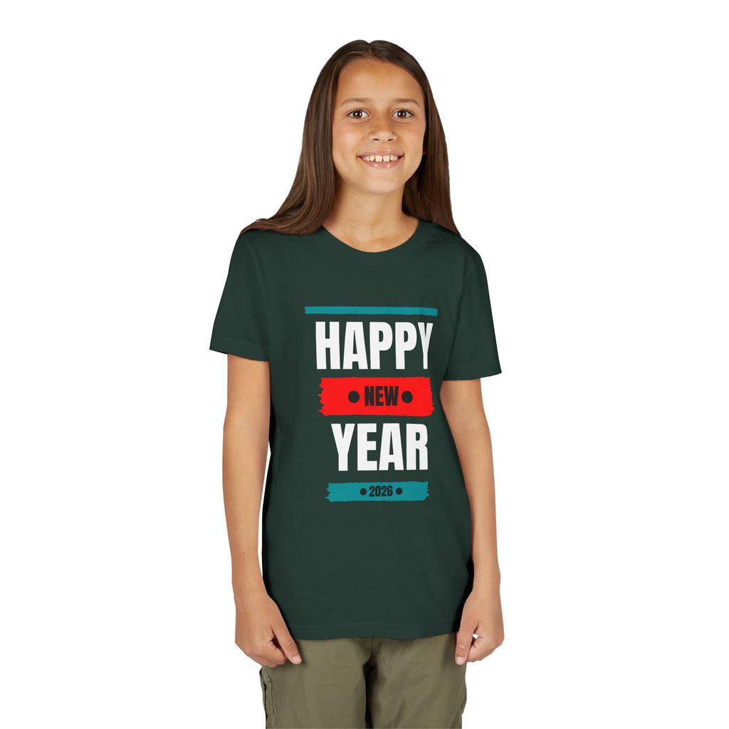 Happy New Year Youth Tee, Short Sleeve Shirt for Kids, Holiday T-Shirt, Party Apparel, Festive Clothing, New Year Celebration Gear