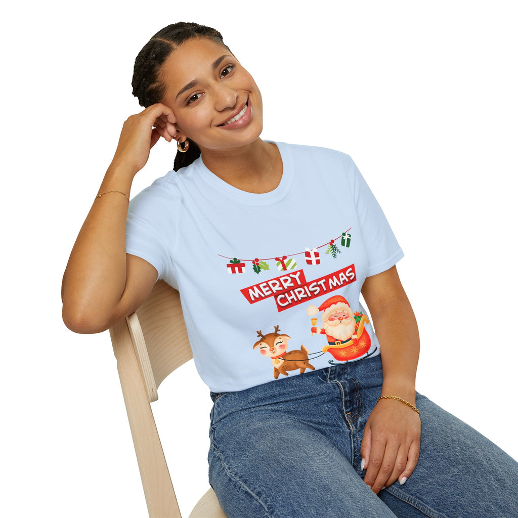 Christmas Cheer T-Shirt, Merry Christmas Tee, Festive Holiday Shirt, Unisex Christmas Apparel, Santa and Reindeer Design
