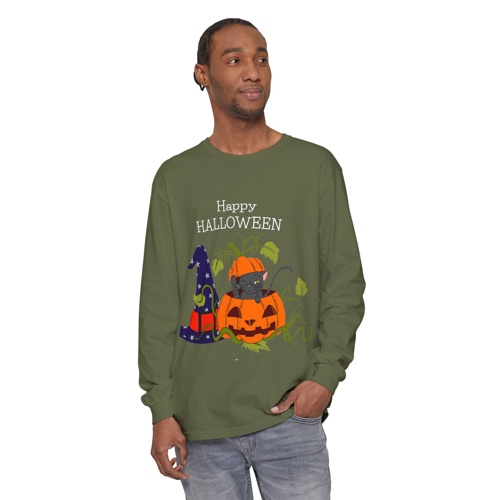 Happy Halloween Cat Long Sleeve T-Shirt, Unisex Halloween Shirt, Spooky Seasonal Apparel, Cute Trick or Treat Tee, Fall Festive Wear