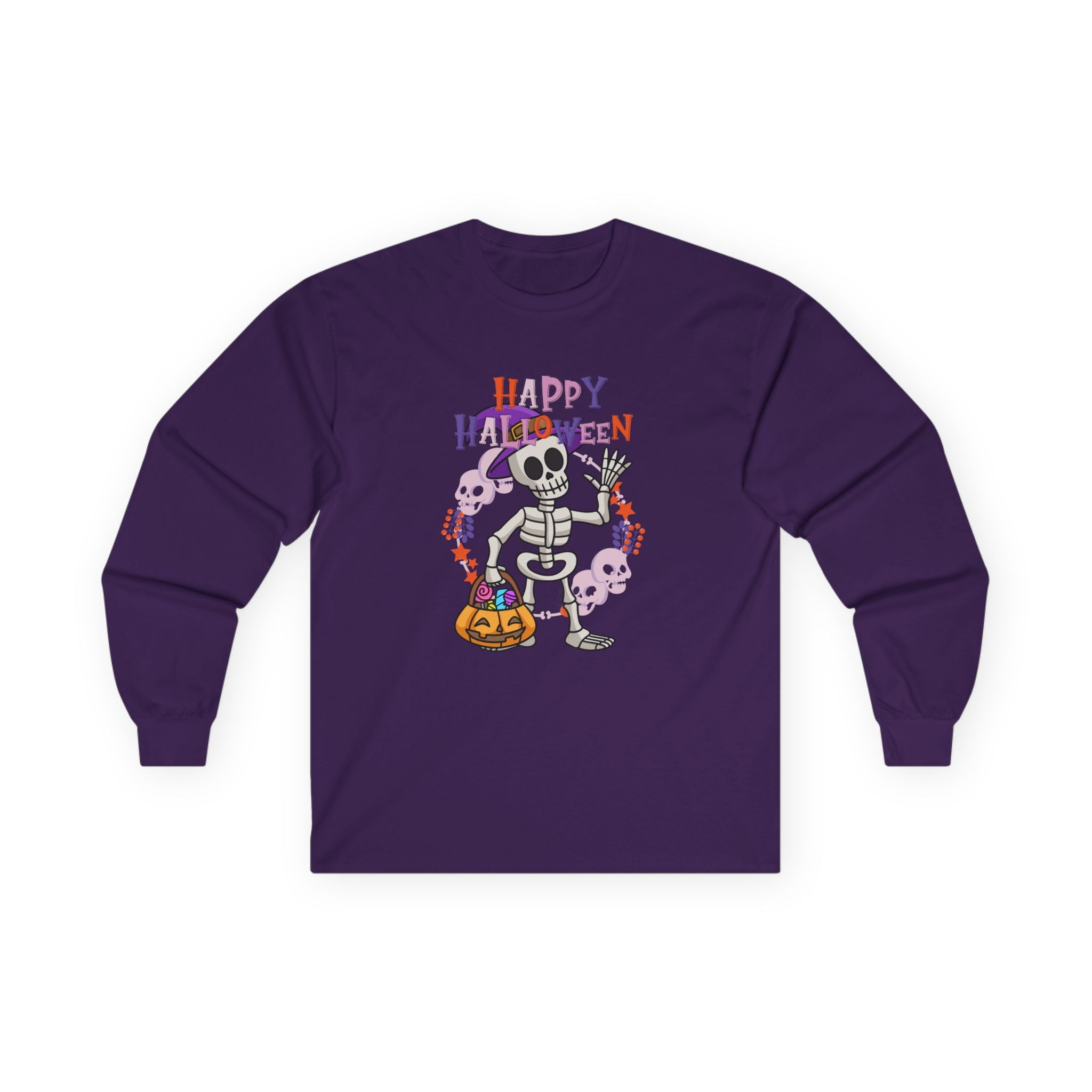 Happy Halloween Skeleton Long Sleeve Tee, Unisex Autumn Shirt, Halloween Costume Top, Spooky Graphic Tee, Fall Celebration Apparel