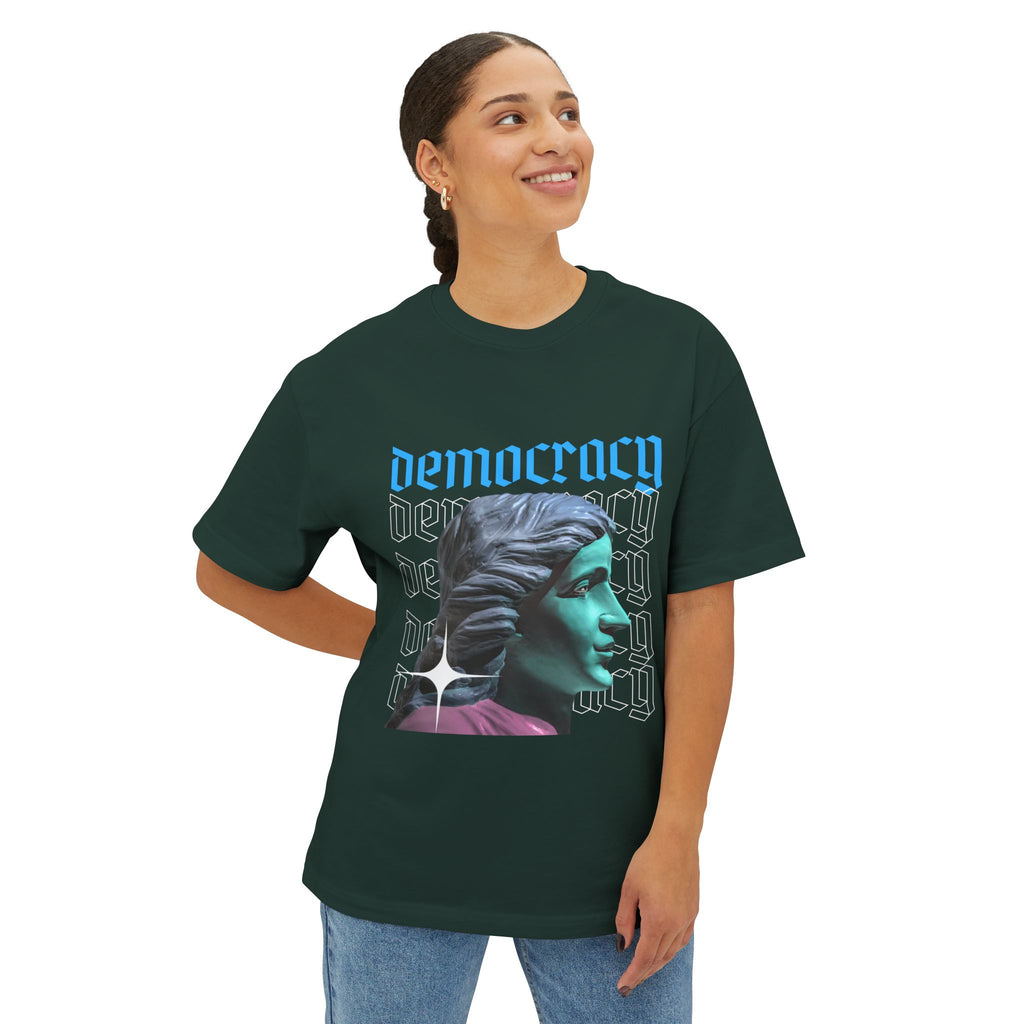 Democracy Graphic Oversized Tee, Unisex Boxy T-Shirt, Statement Fashion Top, Casual Wear, Gift for Activists, Cool Streetwear