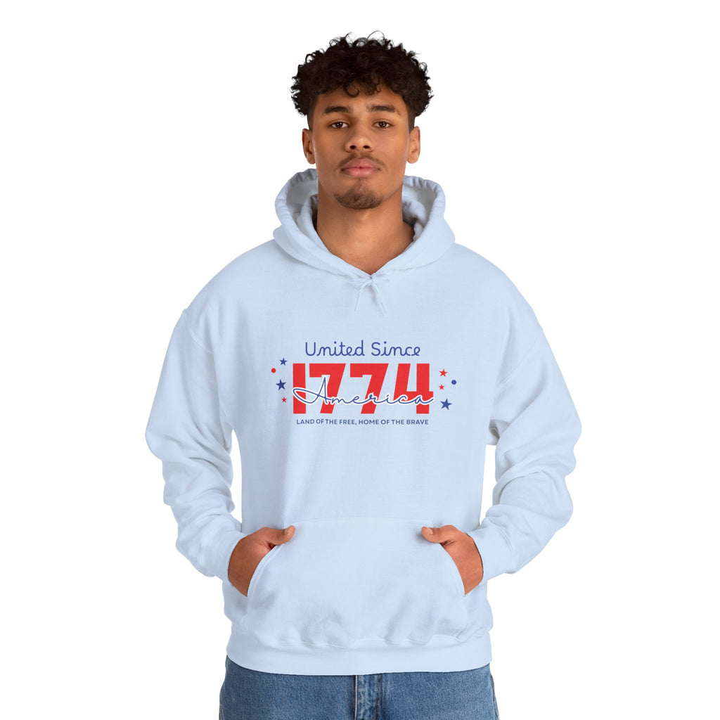 Patriotic Hooded Sweatshirt - United Since 1774, Unisex Pullover, 4th of July Gift, Cozy Fall Apparel, Red White Blue Hoodie