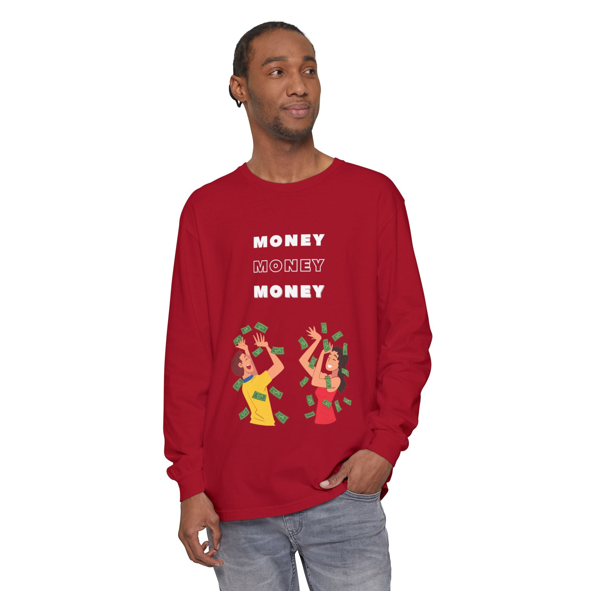Money-Themed Long Sleeve T-Shirt, Funny Graphic Top, Gift for Finance Lovers, Casual Wear, Party Outfit, Unique Apparel