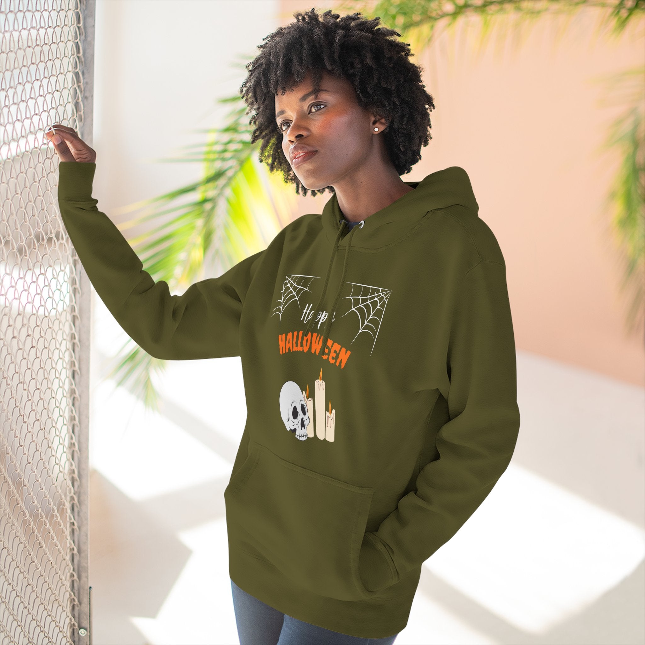 Halloween Three-Panel Fleece Hoodie | Cozy Fall Apparel, Spooky Season Gift, Casual Sweatshirt, Pumpkin Design, Halloween Costume