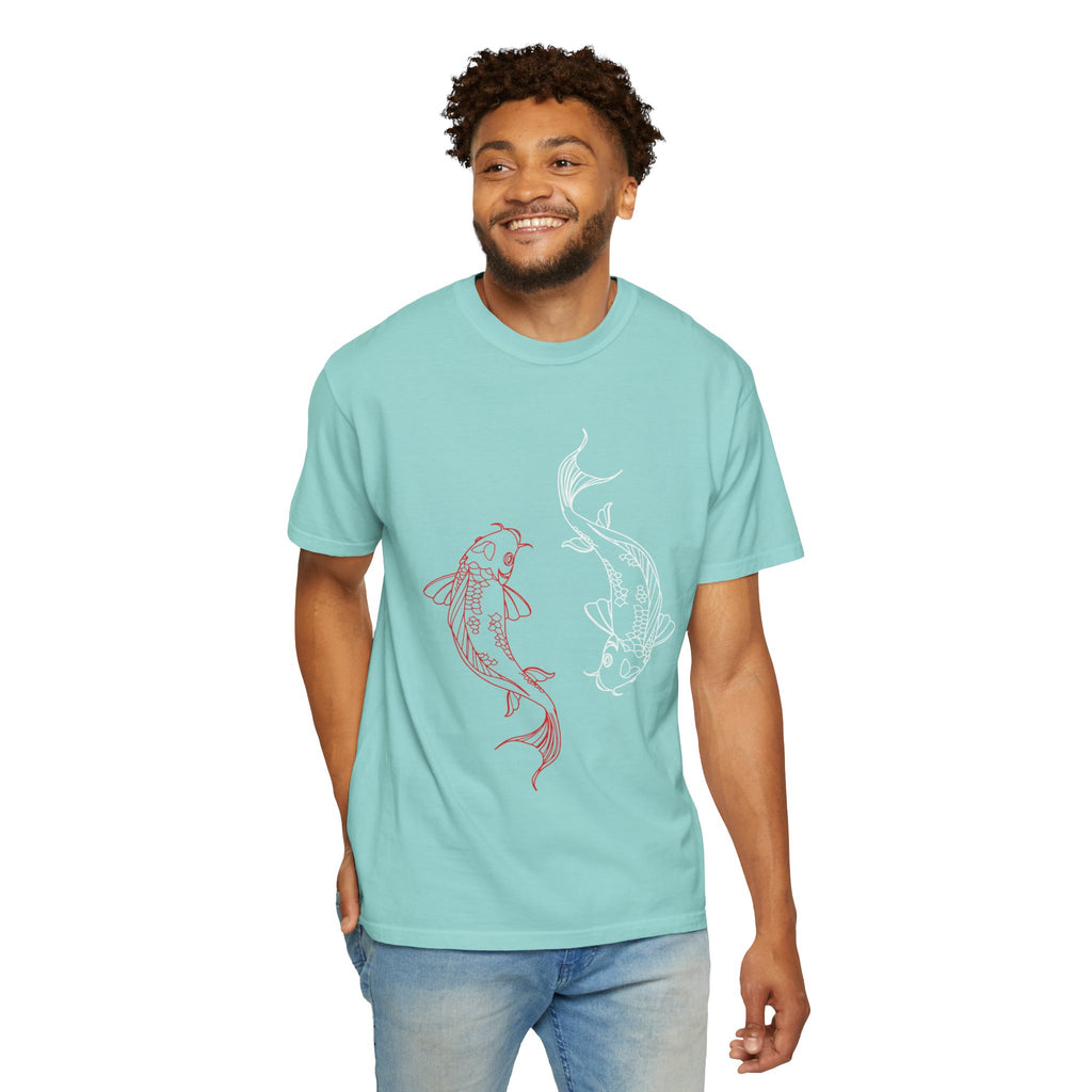 Koi Fish Garment-Dyed T-shirt, Unisex Tee, Casual Wear, Nature Lover Gift, Birthday Present, Relaxed Fit T-Shirt