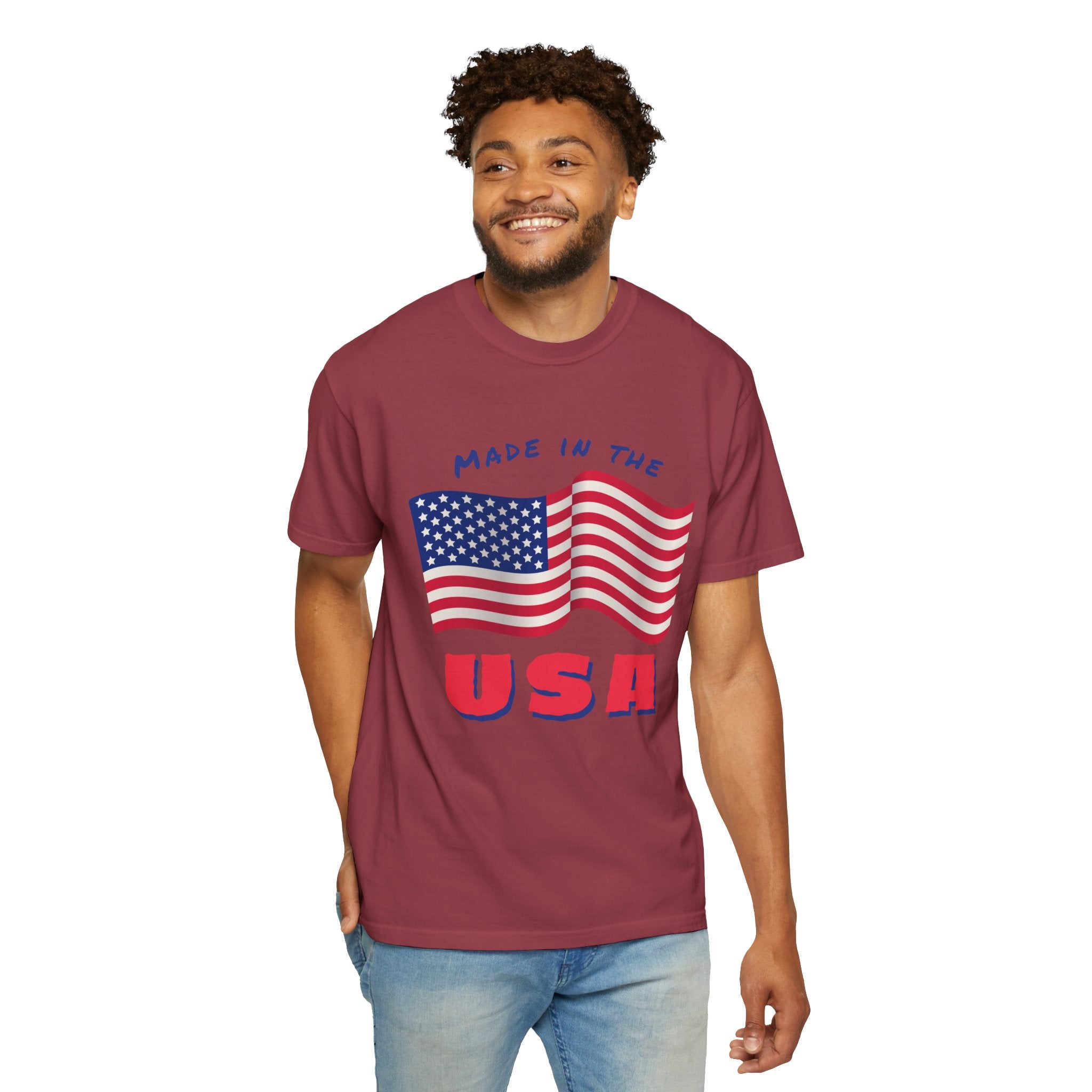 Patriotic T-Shirt for Celebrations, Made in the USA Tee, Unisex Garment-Dyed Shirt, July 4th Apparel, Red White Blue Tee