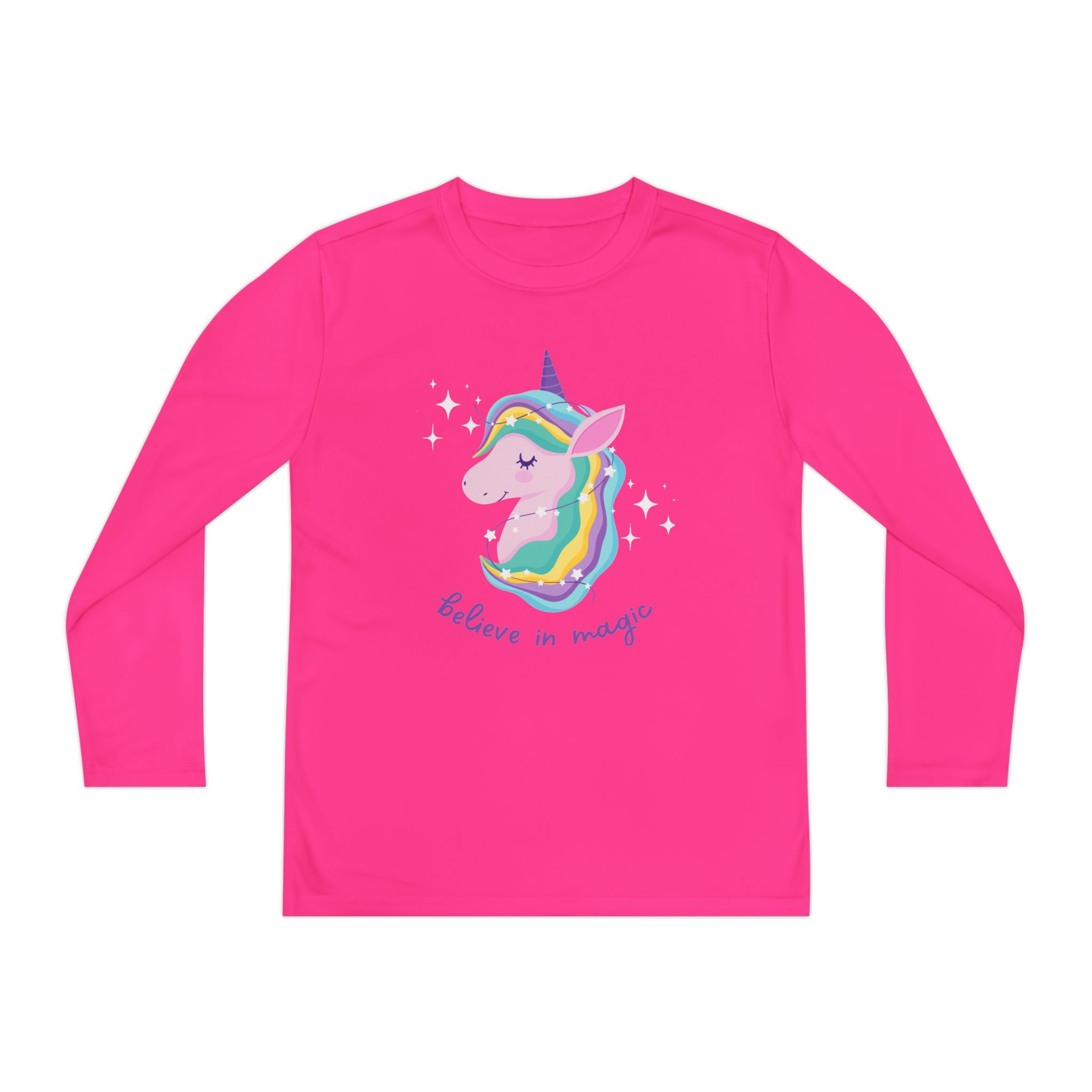 Youth Long Sleeve Unicorn Tee - Believe in Magic, Kids' Shirt, Unicorn Gifts, Birthday Outfit, Casual Wear, Rainbow Design