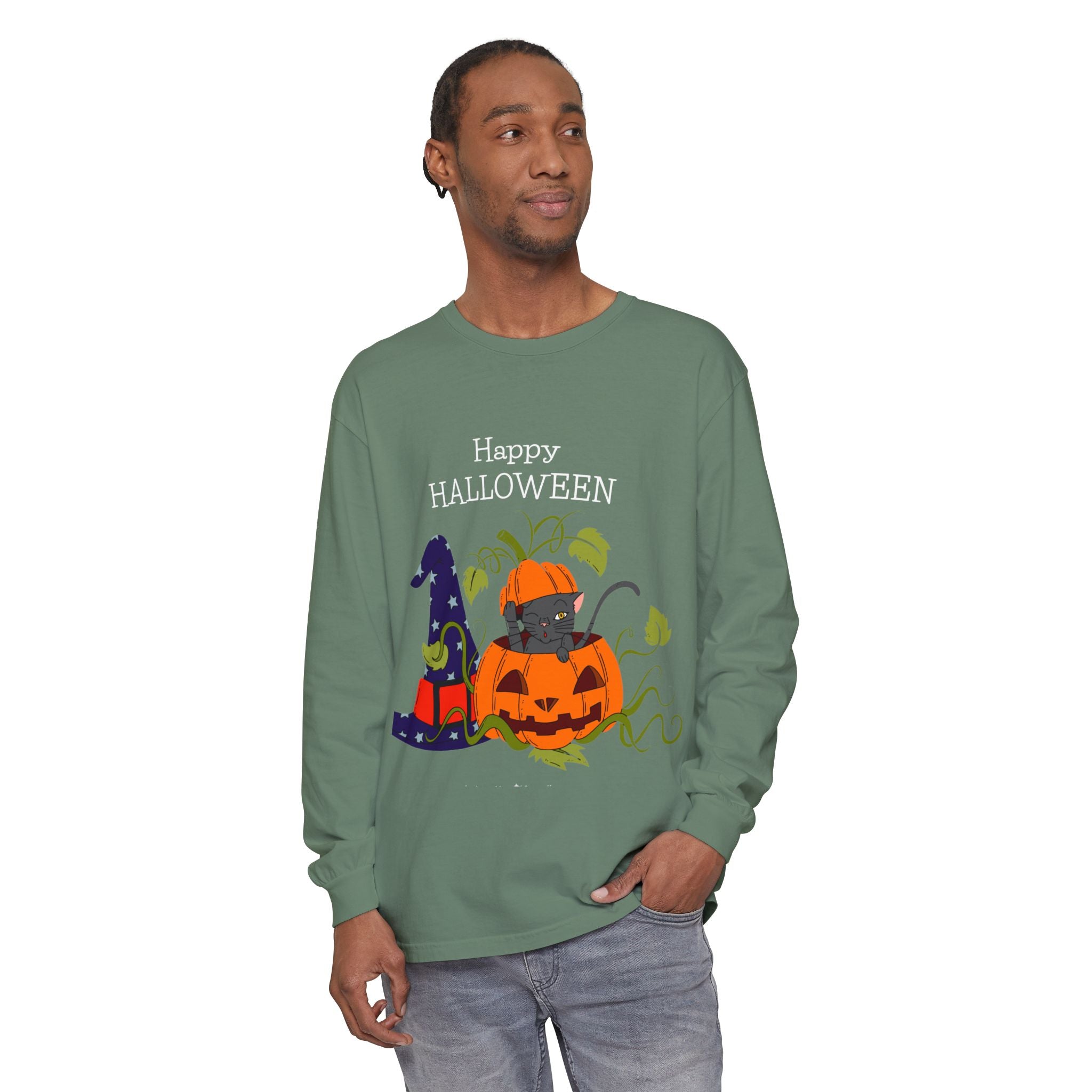 Happy Halloween Cat Long Sleeve T-Shirt, Unisex Halloween Shirt, Spooky Seasonal Apparel, Cute Trick or Treat Tee, Fall Festive Wear