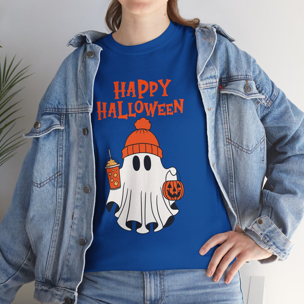 Happy Halloween Ghost Tee, Unisex Cotton T-Shirt, Halloween Apparel, Fall Fashion, Cute Halloween Gift, Ghost Tee