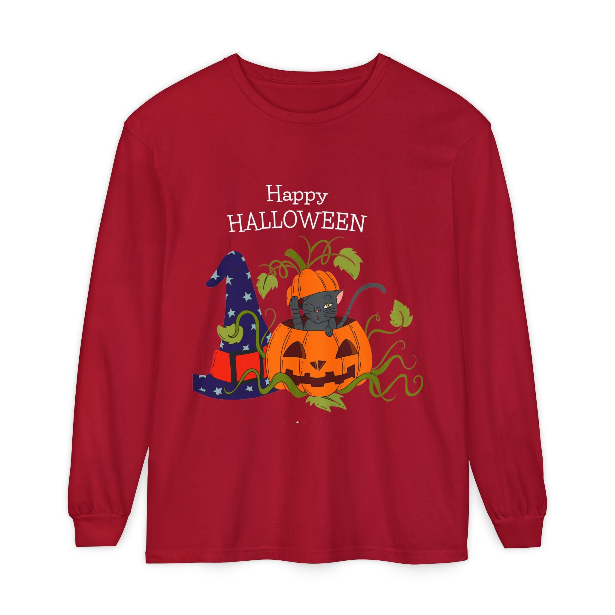 Happy Halloween Cat Long Sleeve T-Shirt, Unisex Halloween Shirt, Spooky Seasonal Apparel, Cute Trick or Treat Tee, Fall Festive Wear
