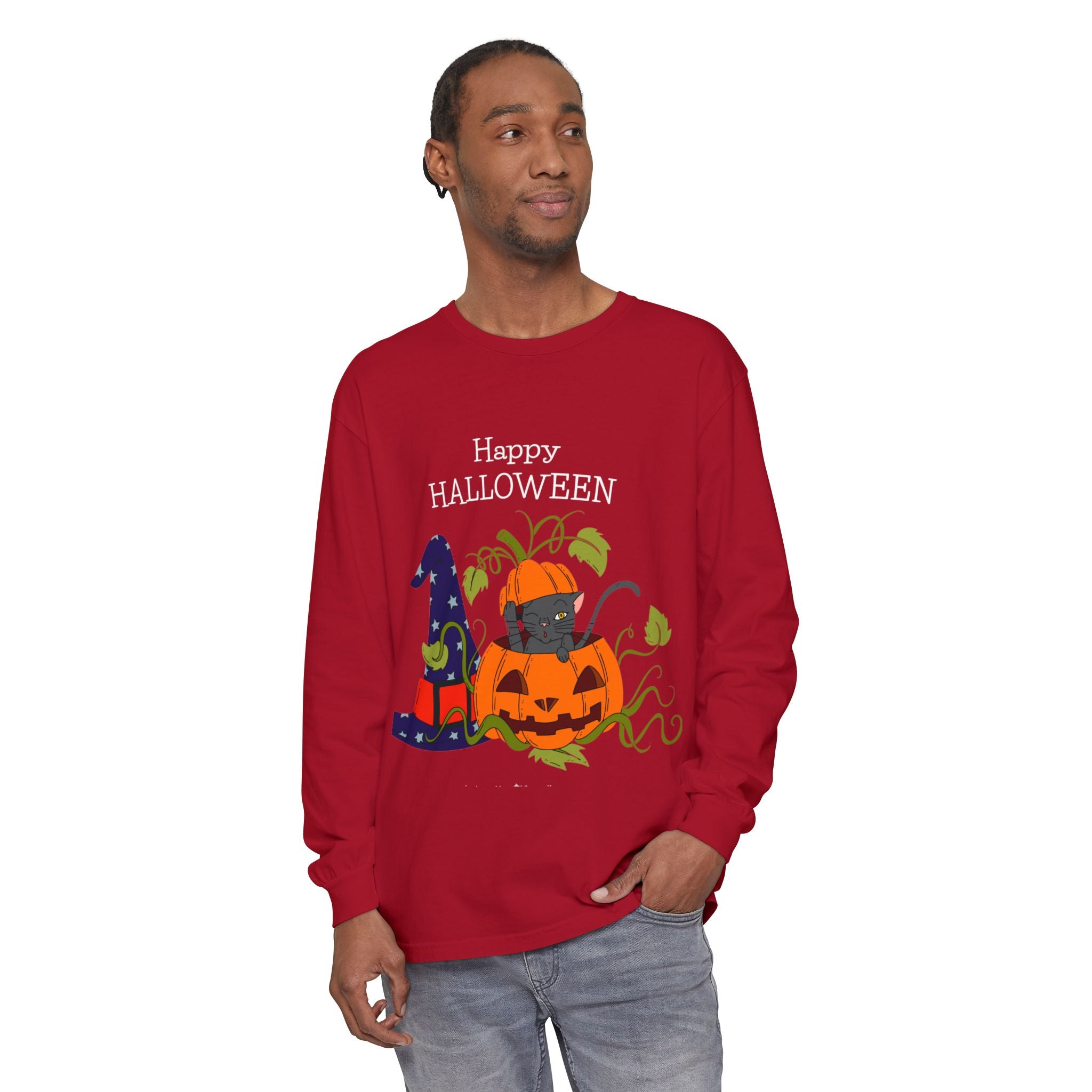 Happy Halloween Cat Long Sleeve T-Shirt, Unisex Halloween Shirt, Spooky Seasonal Apparel, Cute Trick or Treat Tee, Fall Festive Wear