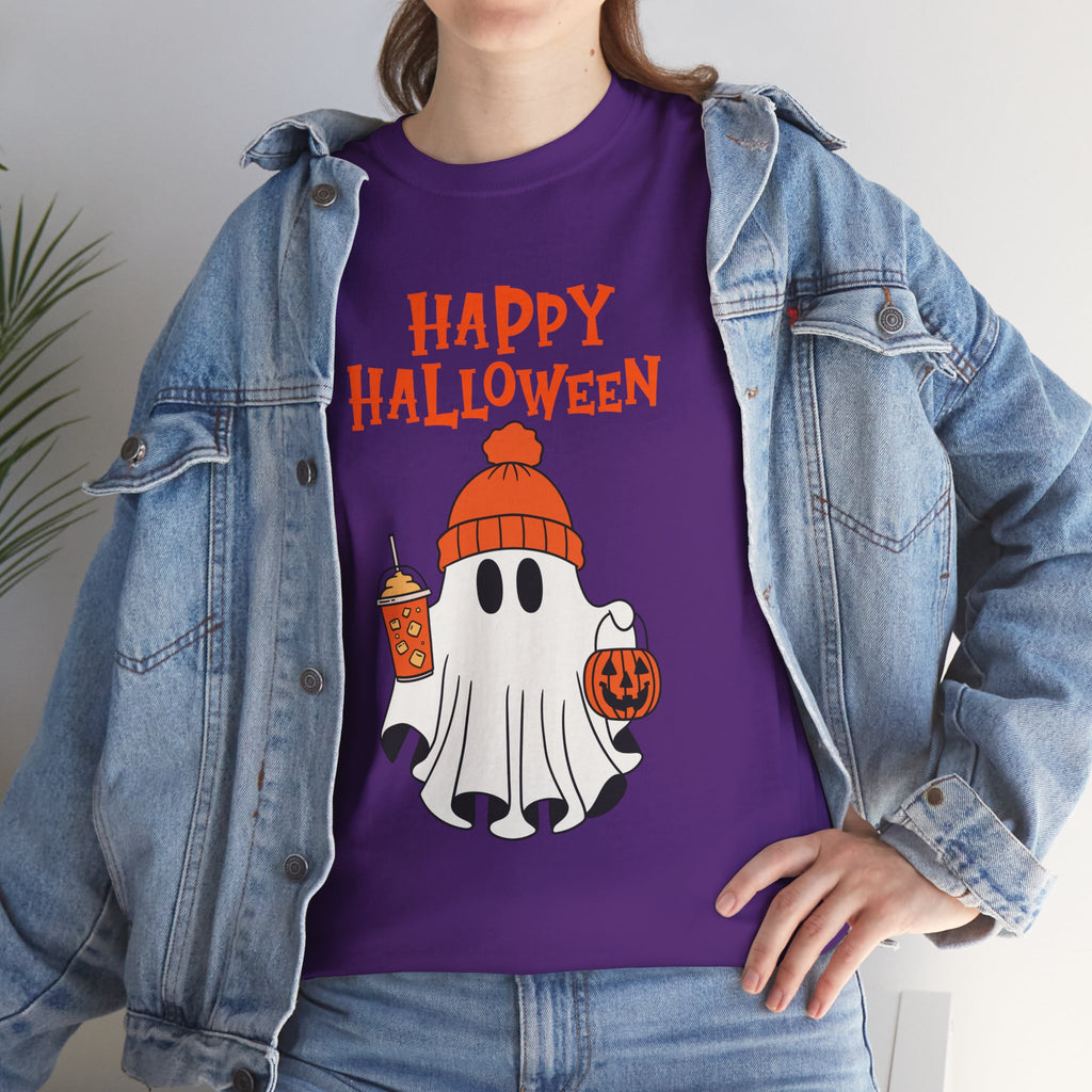 Happy Halloween Ghost Tee, Unisex Cotton T-Shirt, Halloween Apparel, Fall Fashion, Cute Halloween Gift, Ghost Tee