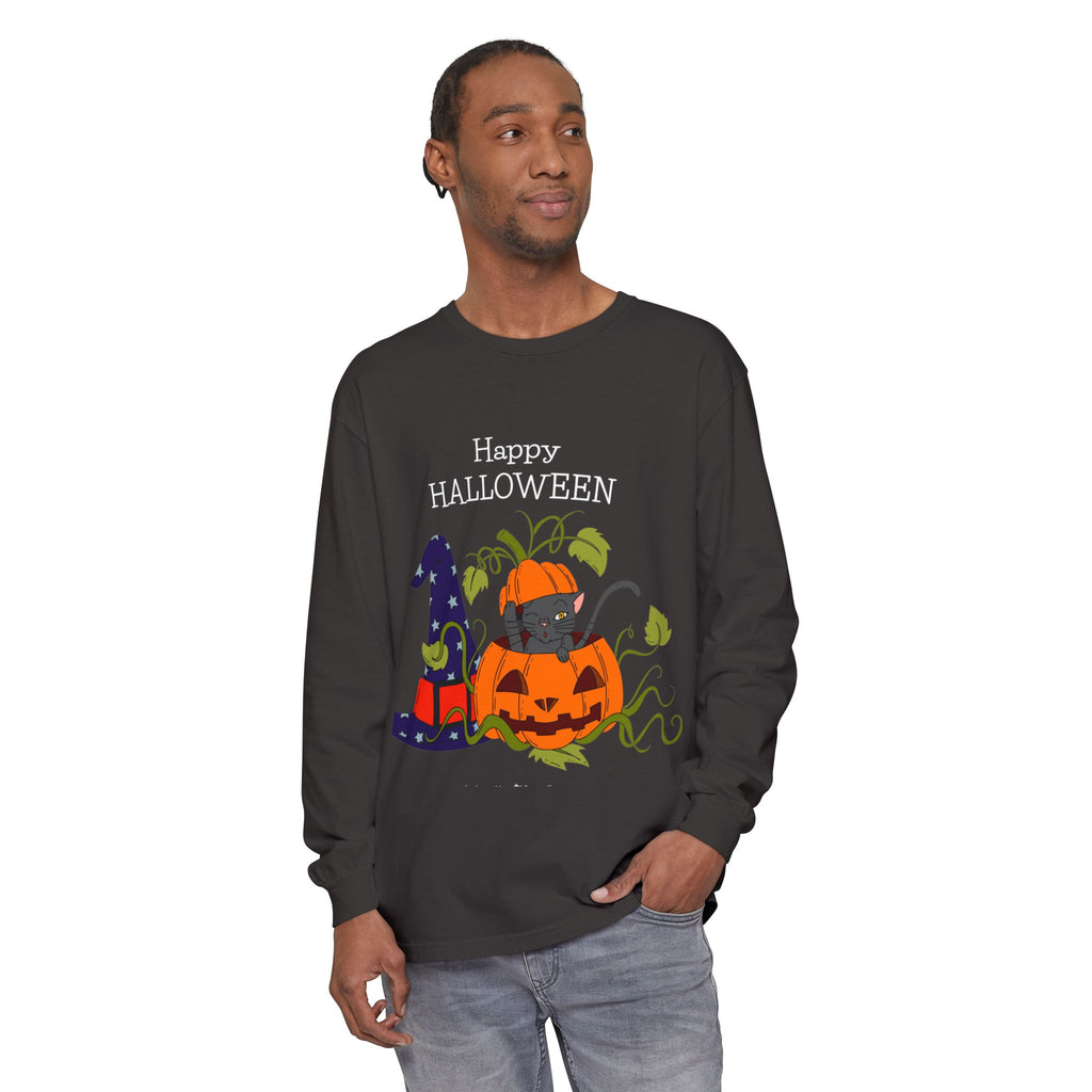 Happy Halloween Cat Long Sleeve T-Shirt, Unisex Halloween Shirt, Spooky Seasonal Apparel, Cute Trick or Treat Tee, Fall Festive Wear