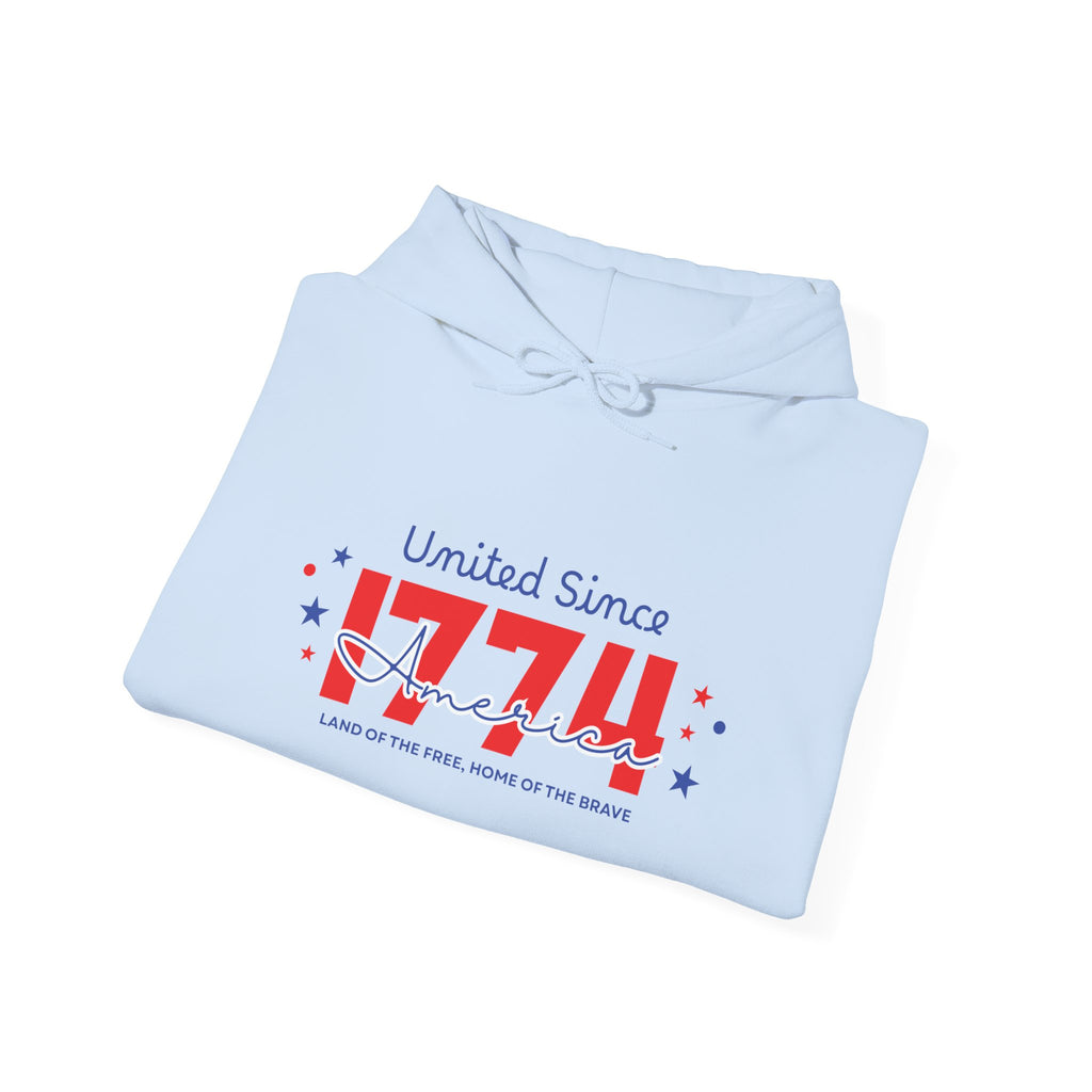 Patriotic Hooded Sweatshirt - United Since 1774, Unisex Pullover, 4th of July Gift, Cozy Fall Apparel, Red White Blue Hoodie