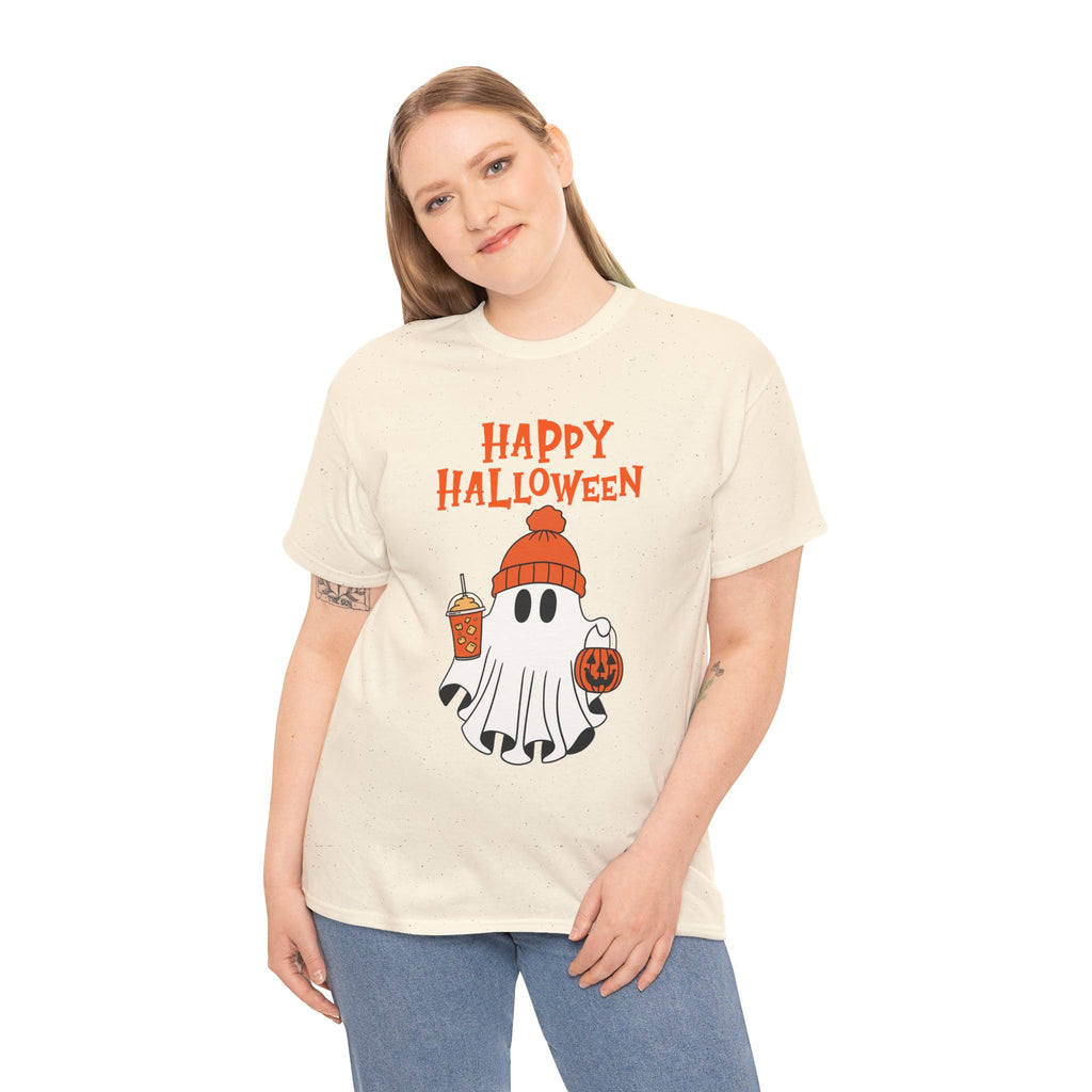 Happy Halloween Ghost Tee, Unisex Cotton T-Shirt, Halloween Apparel, Fall Fashion, Cute Halloween Gift, Ghost Tee