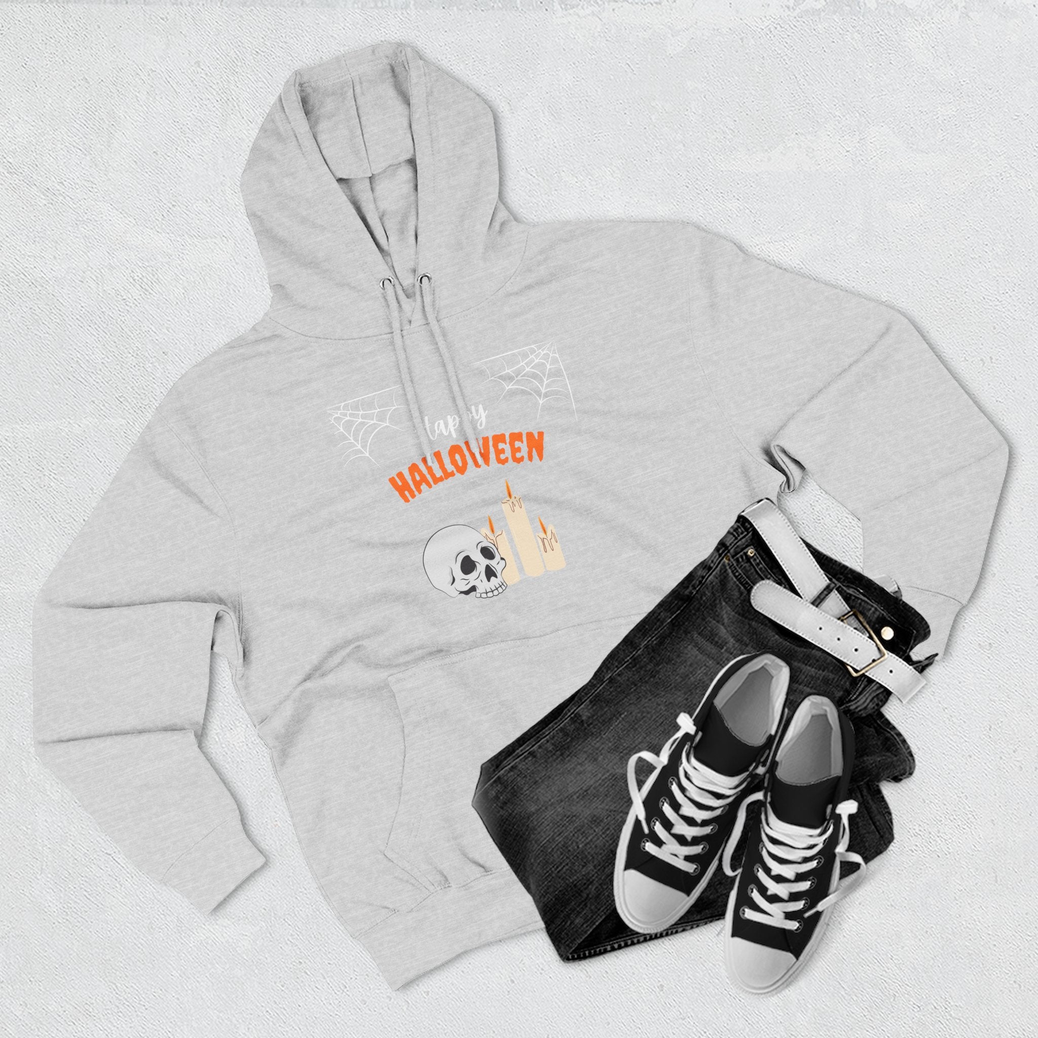 Halloween Three-Panel Fleece Hoodie | Cozy Fall Apparel, Spooky Season Gift, Casual Sweatshirt, Pumpkin Design, Halloween Costume
