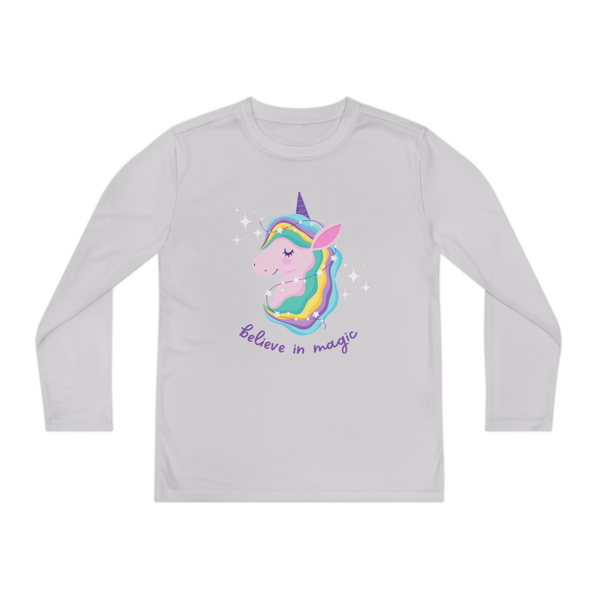Youth Long Sleeve Unicorn Tee - Believe in Magic, Kids' Shirt, Unicorn Gifts, Birthday Outfit, Casual Wear, Rainbow Design