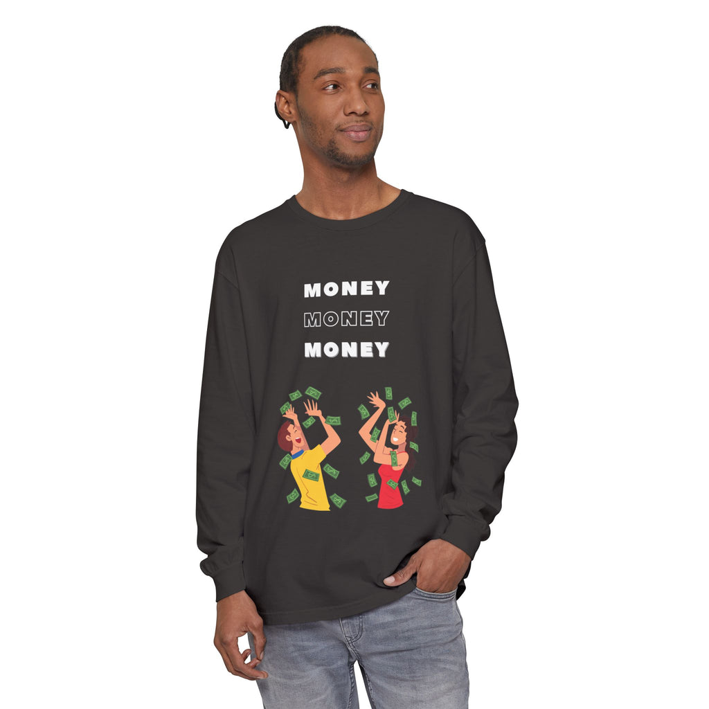 Money-Themed Long Sleeve T-Shirt, Funny Graphic Top, Gift for Finance Lovers, Casual Wear, Party Outfit, Unique Apparel