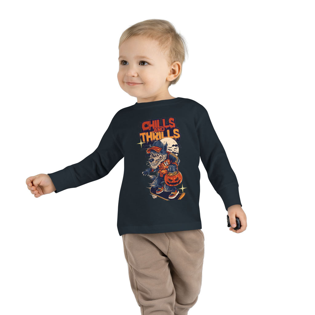 Toddler Long Sleeve Tee with Chills & Thrills Halloween Skater Design, Kids Fall Apparel, Halloween Outfit, Toddler Skate Tee, Fun [...]