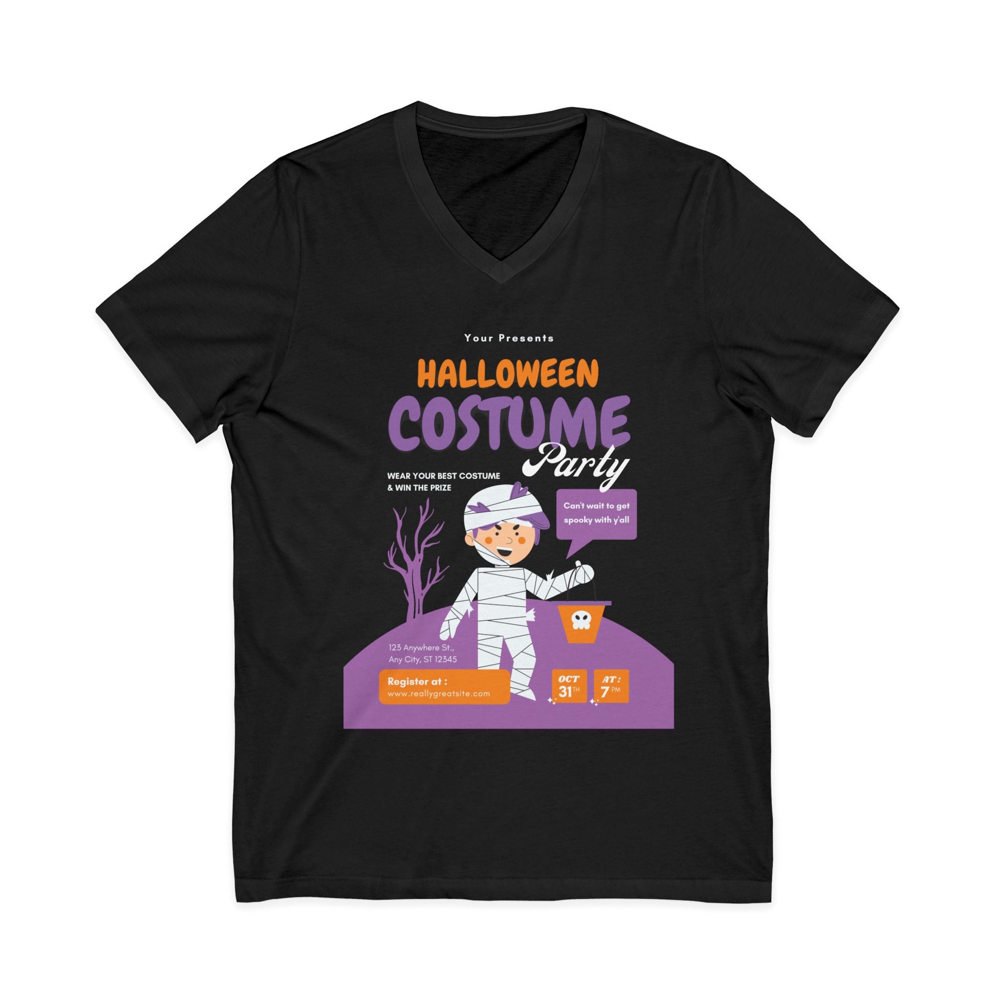 Halloween Costume Unisex V-Neck Tee, Spooky T-Shirt, Fall Apparel, Cozy Costume Top, Ghostly Fashion, Halloween Gift