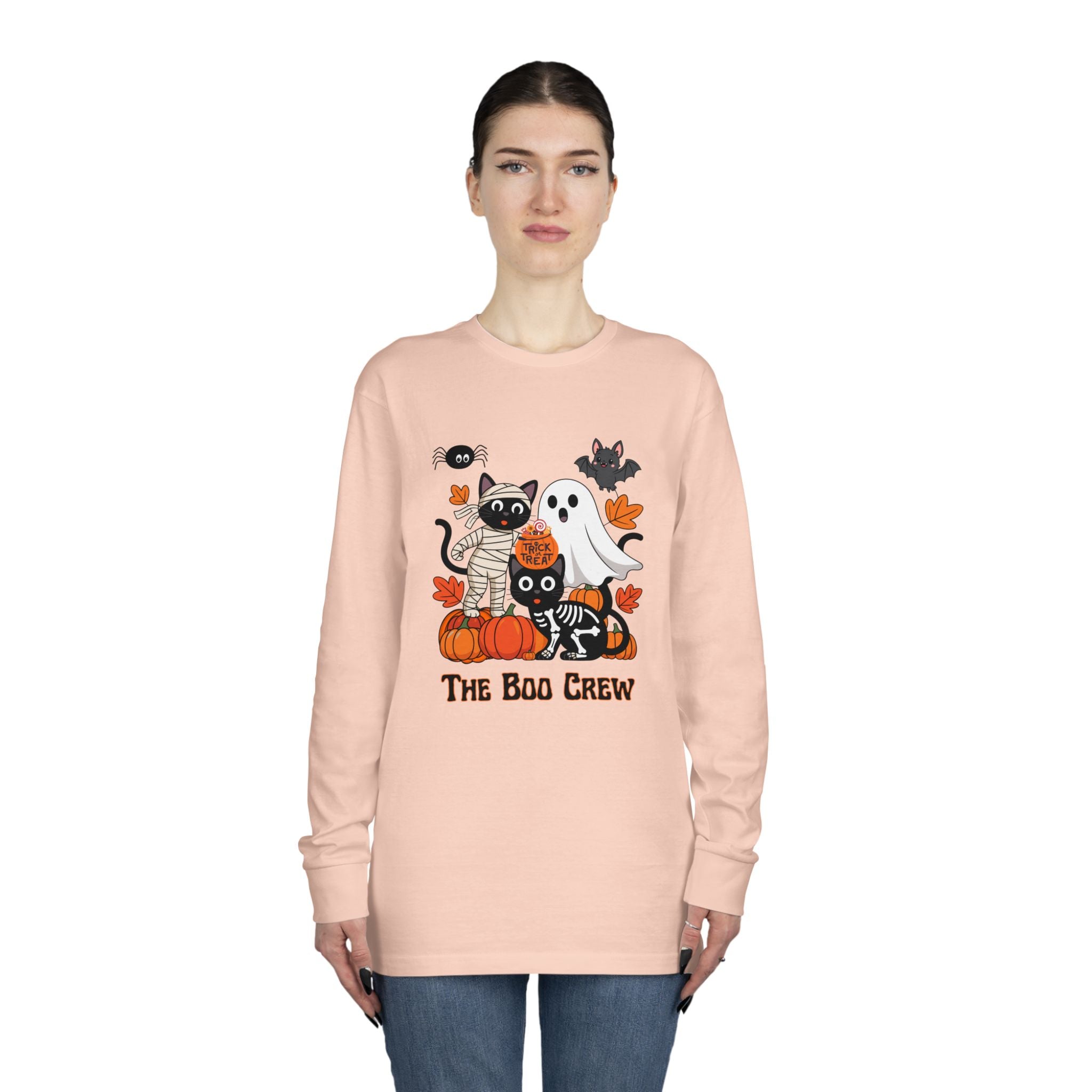 Halloween Long Sleeve Tee, Boo Crew Shirt, Cat Ghost Top, Fall Apparel, Spooky Season Clothing, Kids Halloween Outfit
