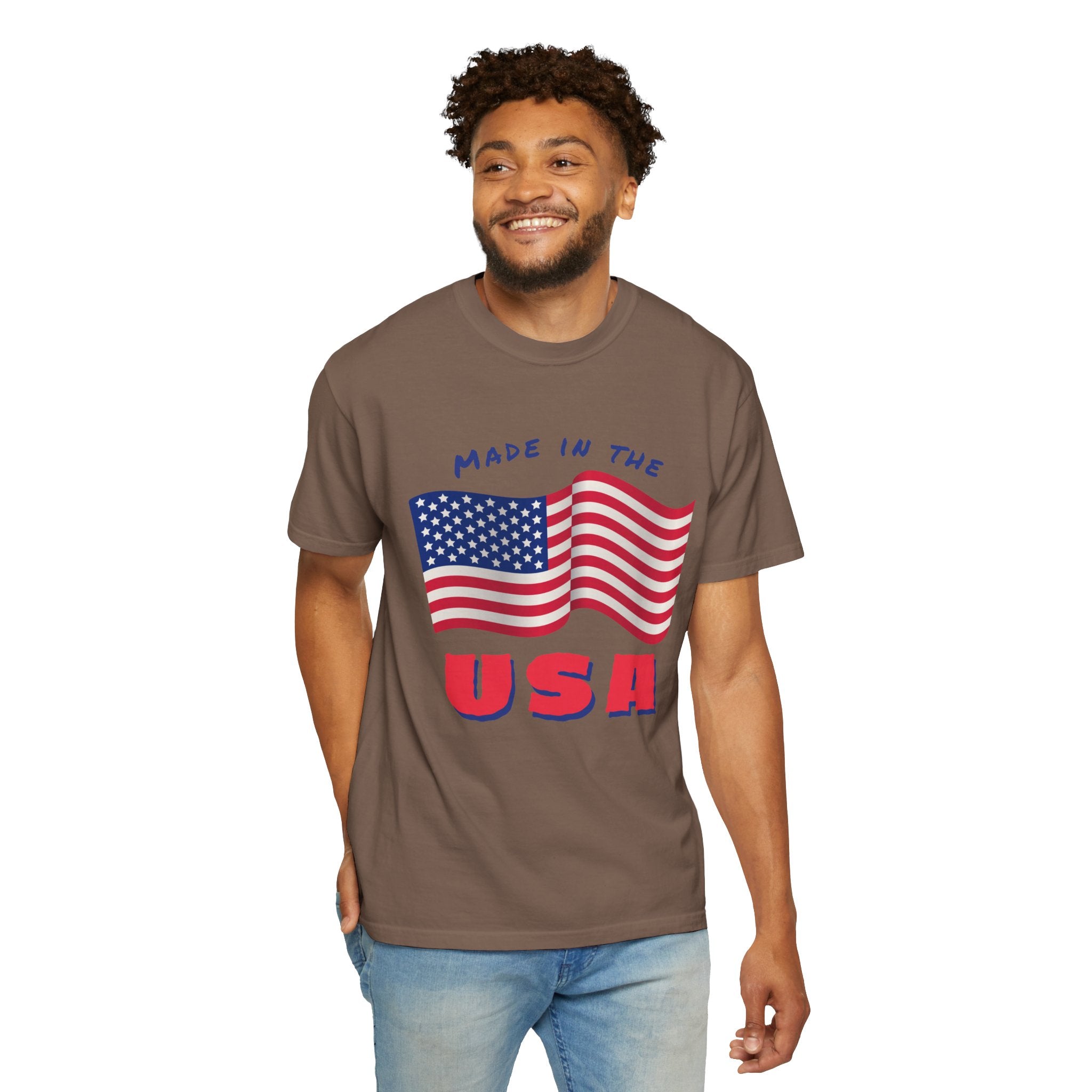 Patriotic T-Shirt for Celebrations, Made in the USA Tee, Unisex Garment-Dyed Shirt, July 4th Apparel, Red White Blue Tee