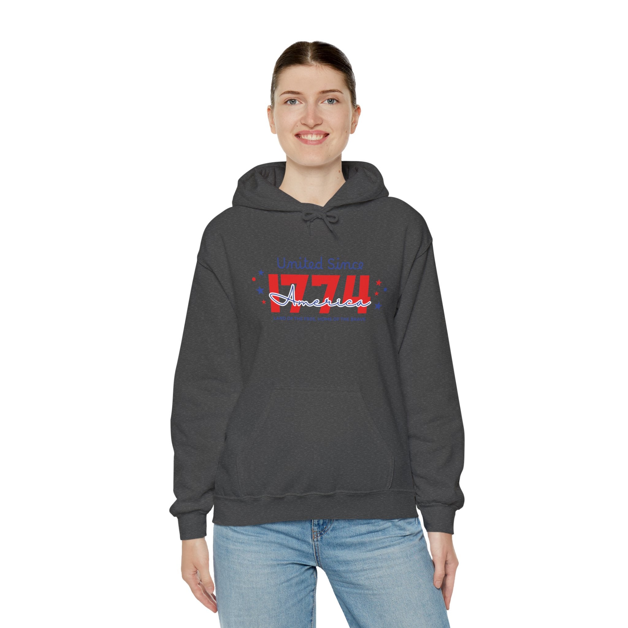Patriotic Hooded Sweatshirt - United Since 1774, Unisex Pullover, 4th of July Gift, Cozy Fall Apparel, Red White Blue Hoodie
