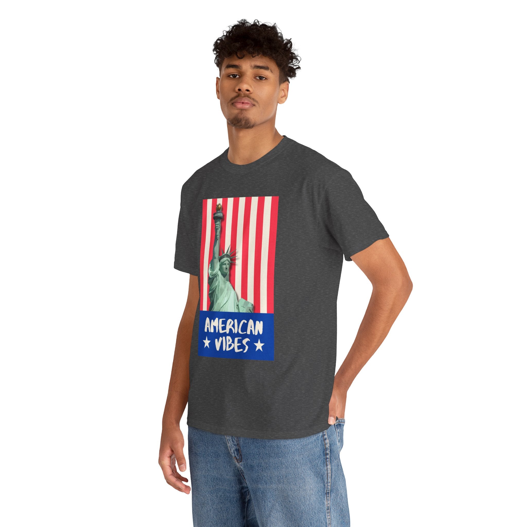 American Vibes Unisex Heavy Cotton Tee, Patriotic Shirt, Gift for Veterans, Independence Day Apparel, Summer Casual Wear