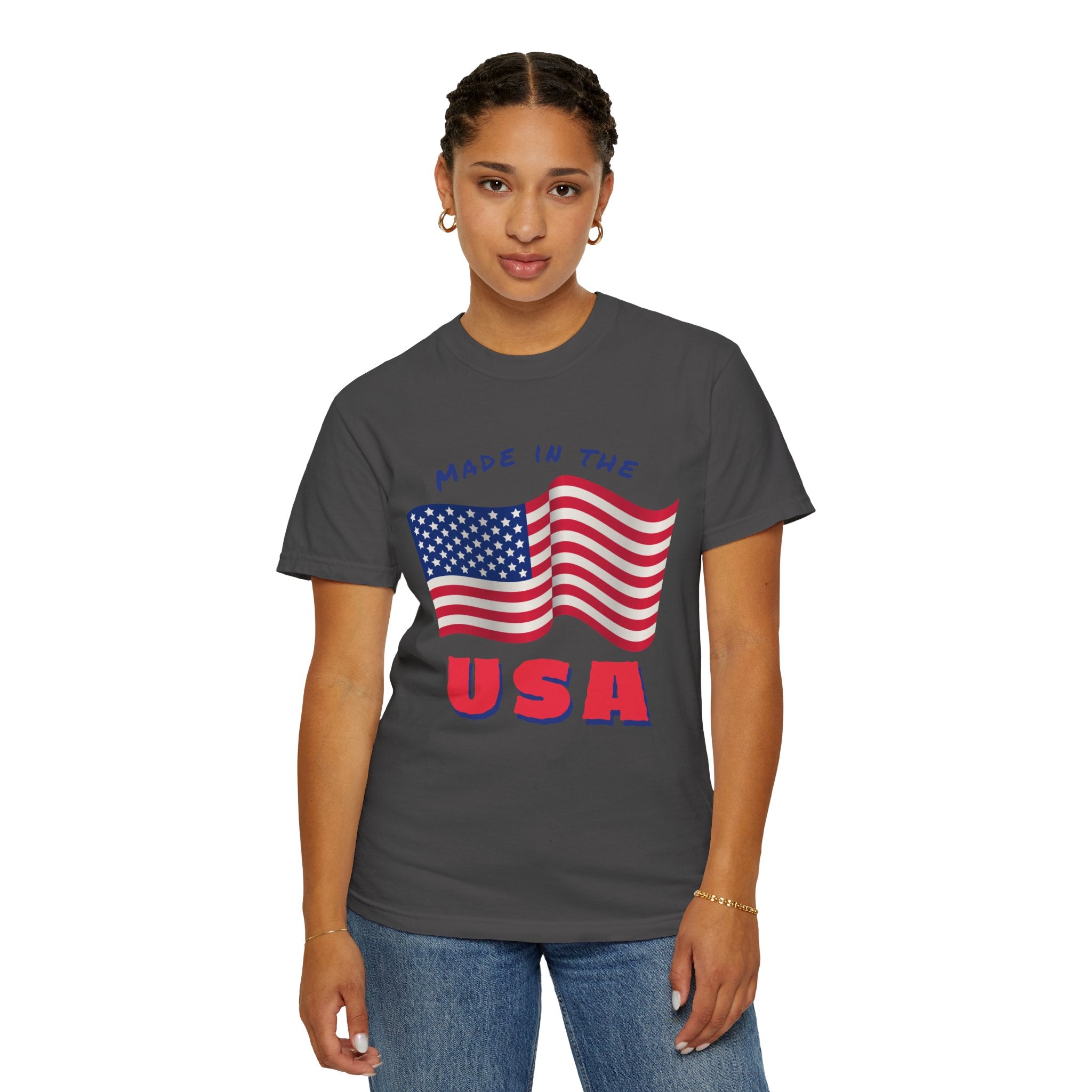 Patriotic T-Shirt for Celebrations, Made in the USA Tee, Unisex Garment-Dyed Shirt, July 4th Apparel, Red White Blue Tee