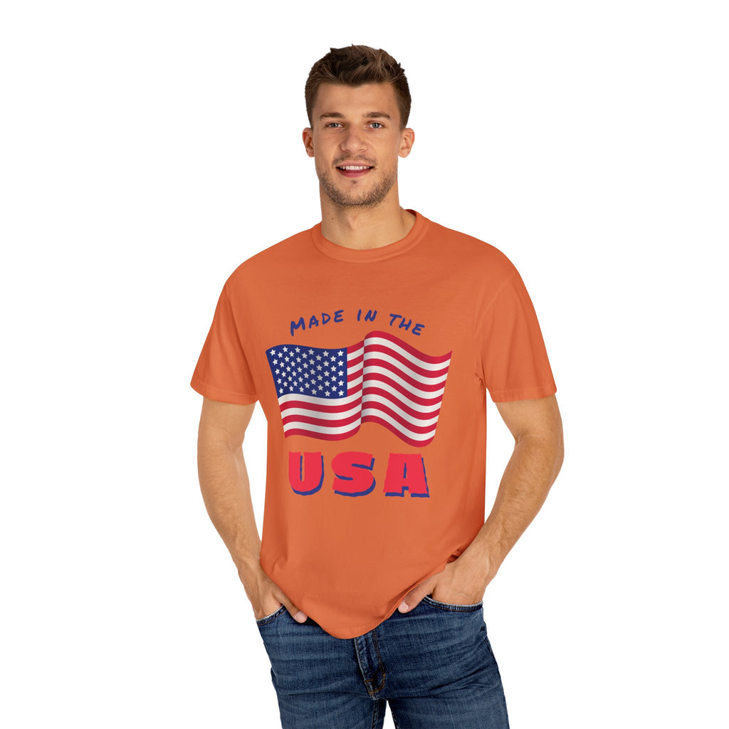 Patriotic T-Shirt for Celebrations, Made in the USA Tee, Unisex Garment-Dyed Shirt, July 4th Apparel, Red White Blue Tee