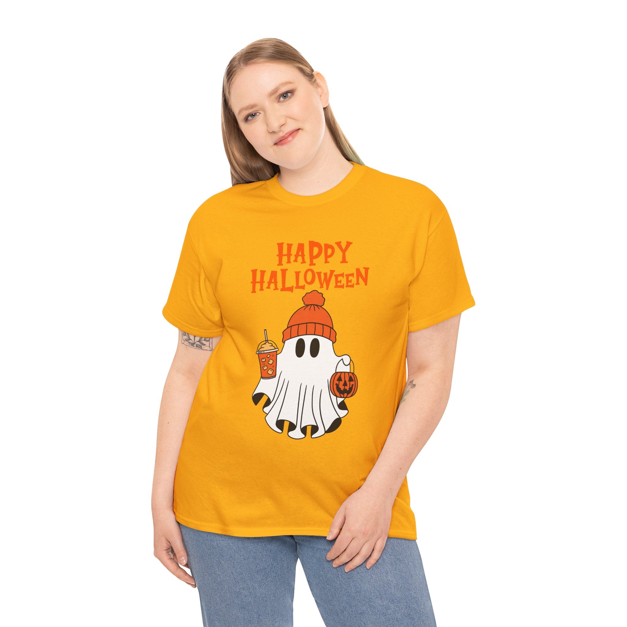 Happy Halloween Ghost Tee, Unisex Cotton T-Shirt, Halloween Apparel, Fall Fashion, Cute Halloween Gift, Ghost Tee