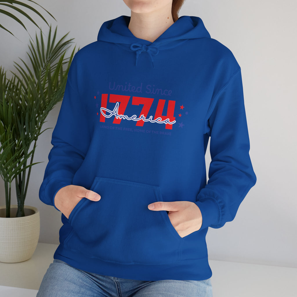Patriotic Hooded Sweatshirt - United Since 1774, Unisex Pullover, 4th of July Gift, Cozy Fall Apparel, Red White Blue Hoodie
