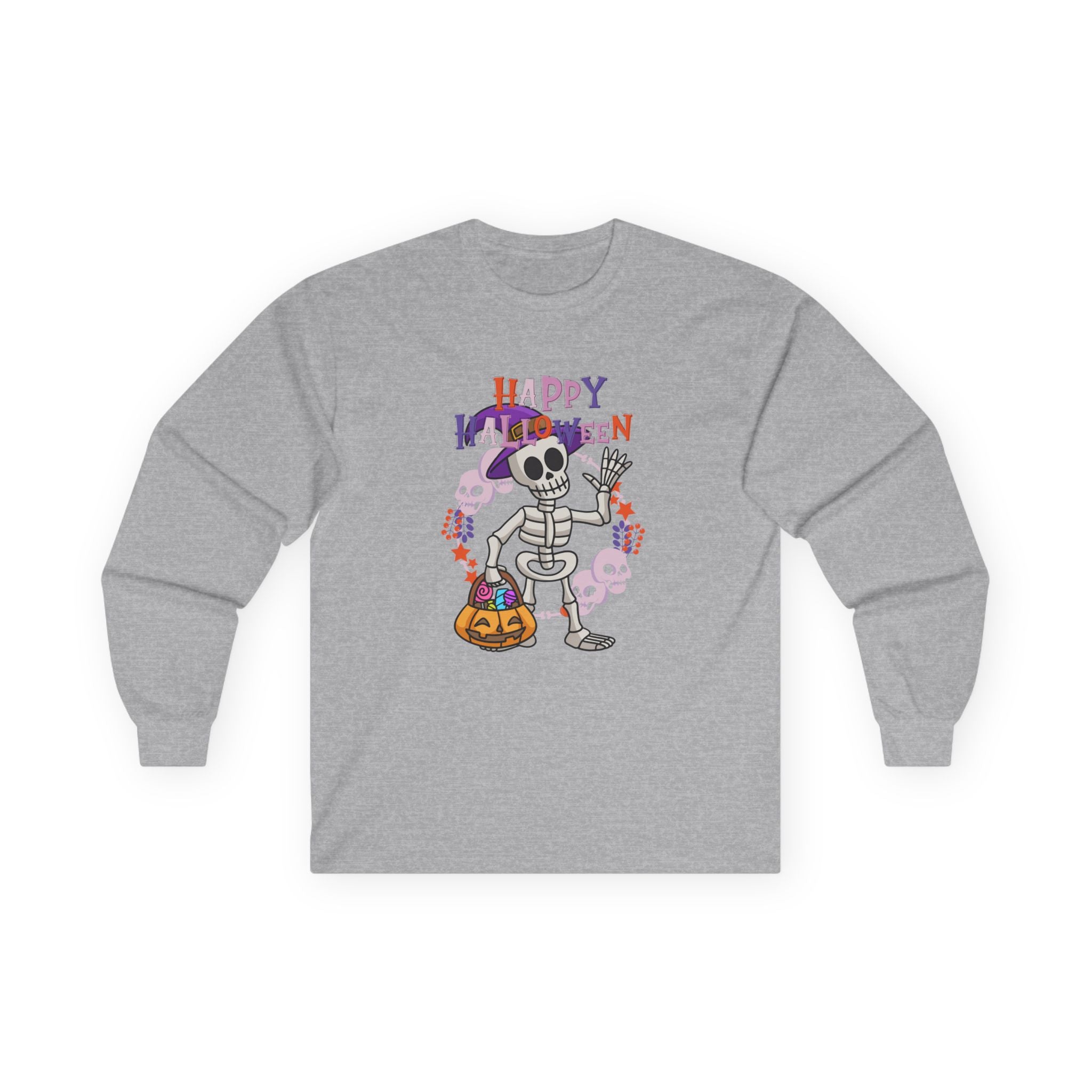 Happy Halloween Skeleton Long Sleeve Tee, Unisex Autumn Shirt, Halloween Costume Top, Spooky Graphic Tee, Fall Celebration Apparel