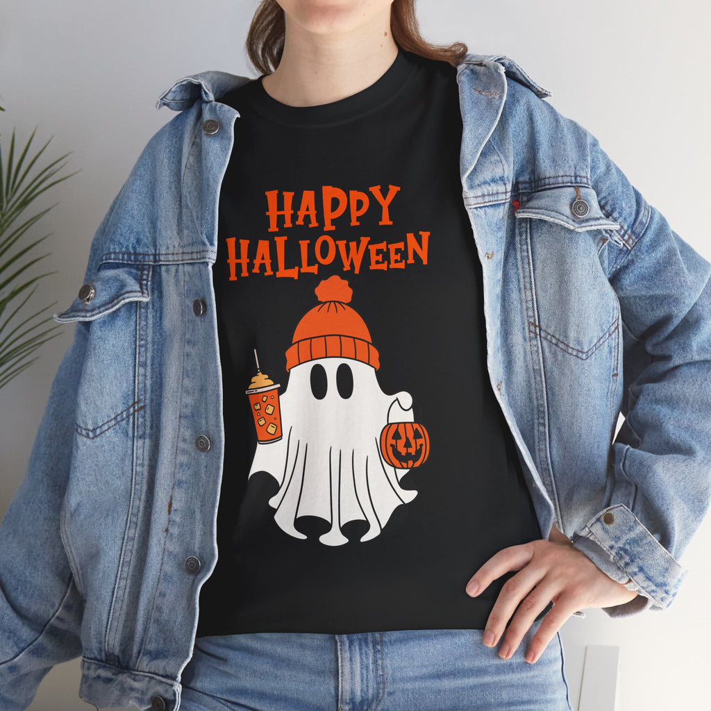 Happy Halloween Ghost Tee, Unisex Cotton T-Shirt, Halloween Apparel, Fall Fashion, Cute Halloween Gift, Ghost Tee