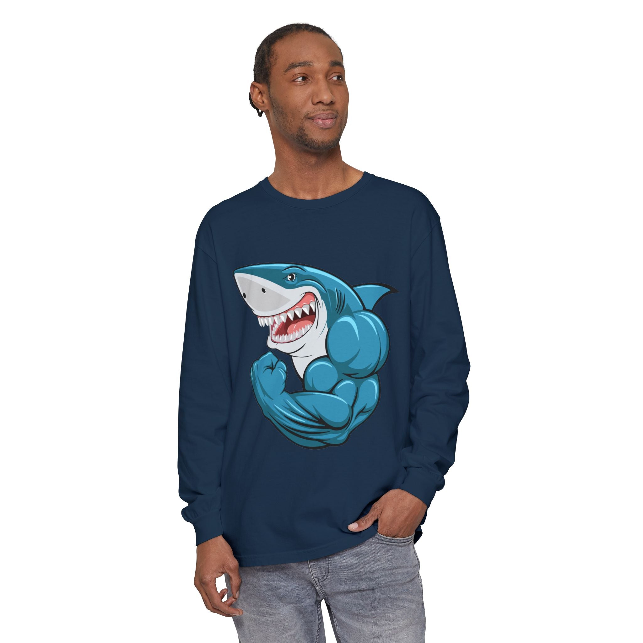 Muscle Shark Long Sleeve T-Shirt, Funny Shark Tee, Gym Humor Shirt, Gift for Ocean Lovers, Unique Workout Apparel