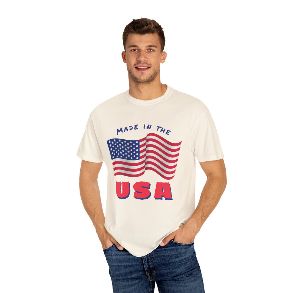 Patriotic T-Shirt for Celebrations, Made in the USA Tee, Unisex Garment-Dyed Shirt, July 4th Apparel, Red White Blue Tee