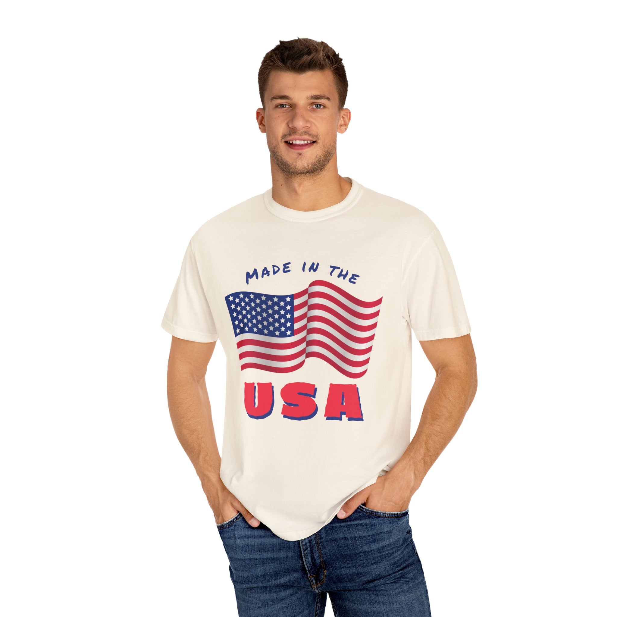 Patriotic T-Shirt for Celebrations, Made in the USA Tee, Unisex Garment-Dyed Shirt, July 4th Apparel, Red White Blue Tee
