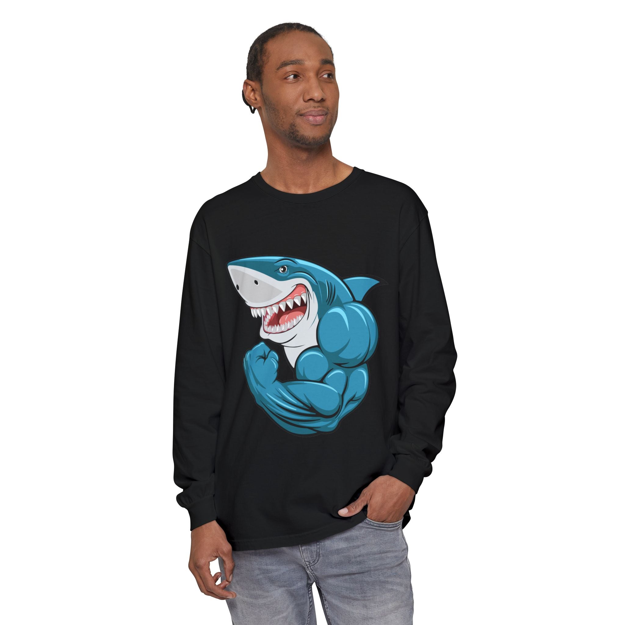 Muscle Shark Long Sleeve T-Shirt, Funny Shark Tee, Gym Humor Shirt, Gift for Ocean Lovers, Unique Workout Apparel