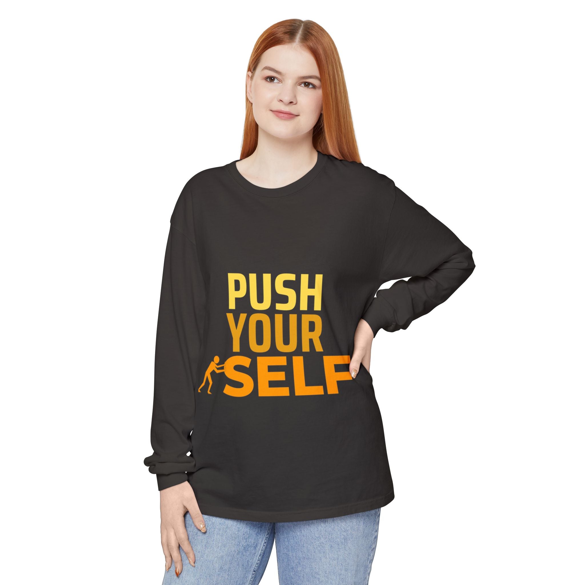 Unisex Motivational Long Sleeve Tee | Push Yourself Shirt for Fitness, Workout, Gym, Gift for Him/Her, Casual Everyday Wear
